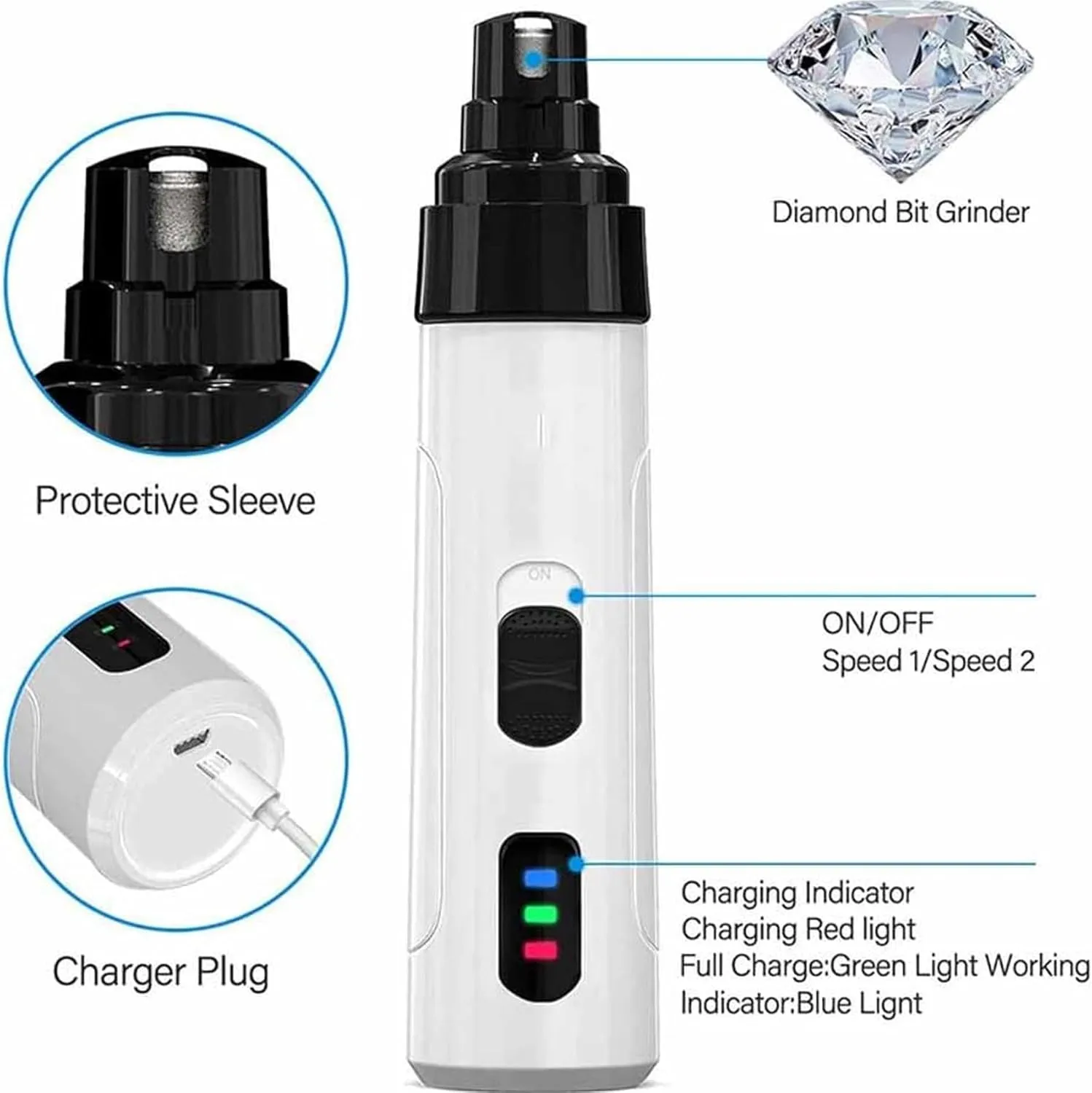 Electric Dog Nail Grinder & Trimmer - Rechargeable, Quiet, Low Vibration Pet Grooming Tool for Small & Large Dogs - Safe Paws Clipper with LED Light for Professional Home Grooming (1Pcs)