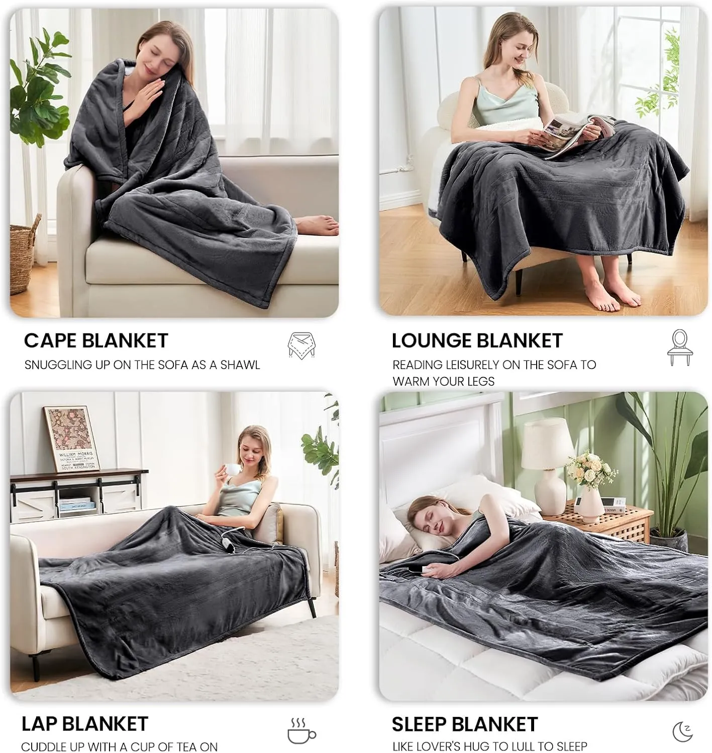 Electric Heated Blanket,Flannel & Sherpa Heated Throw Blanket 50"x60",Fast Heating Soft Fleece Blanket with 6 Heating Levels & 4H Auto Off - Grey