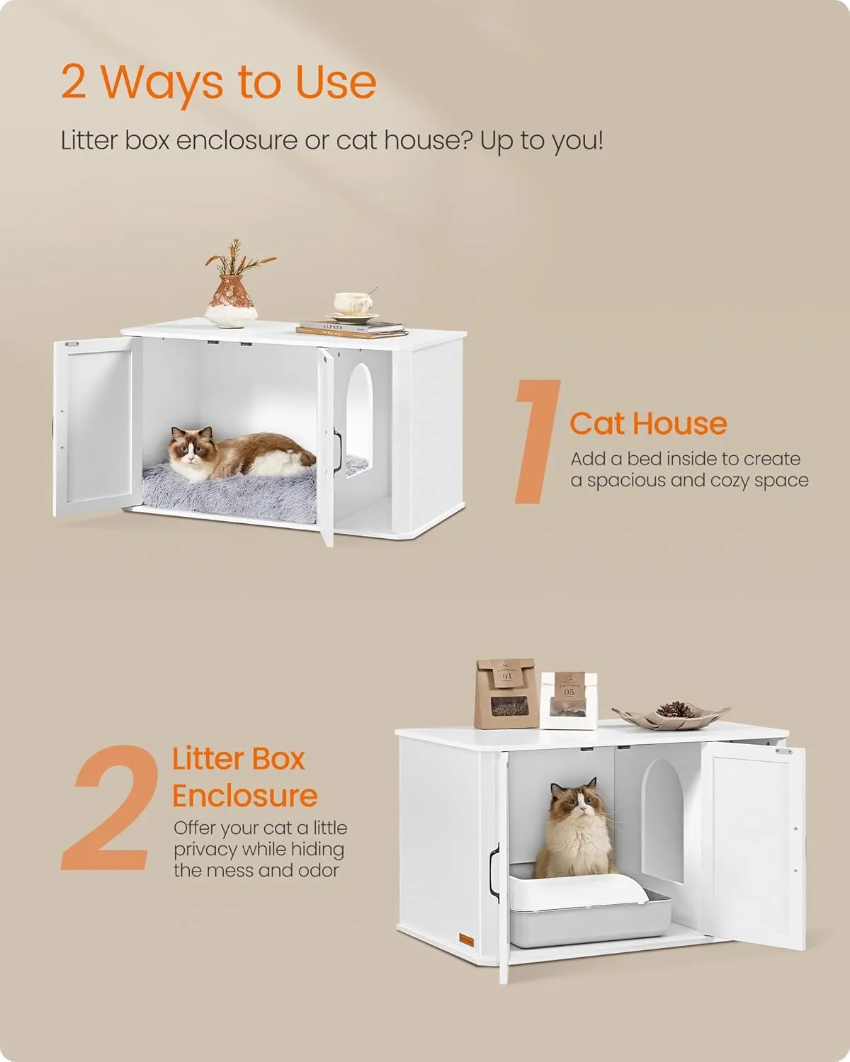 Feandrea Litter Box Enclosure, Modern Cat Litter Box Furniture Hidden, Front Entry, Double Doors, Handles, Cat House, Side End Table, 33.5 x 19 x 19.5 Inches, Cloud White UPCL012W01