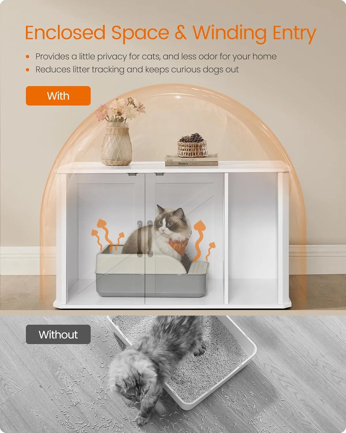 Feandrea Litter Box Enclosure, Modern Cat Litter Box Furniture Hidden, Front Entry, Double Doors, Handles, Cat House, Side End Table, 33.5 x 19 x 19.5 Inches, Cloud White UPCL012W01