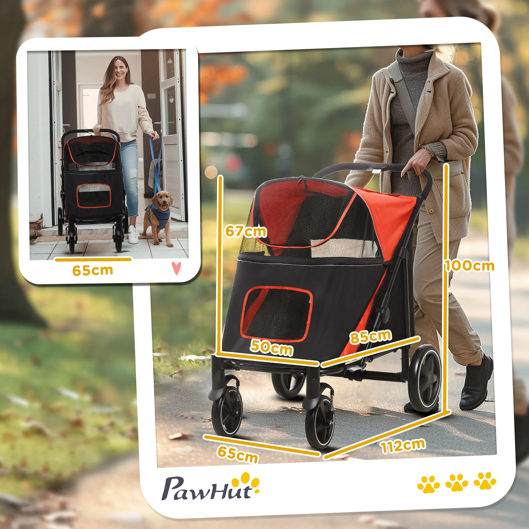 Foldable Dog Stroller with Zipper Entrances and Mesh Windows, 112x65x100 cm, Black and Red
