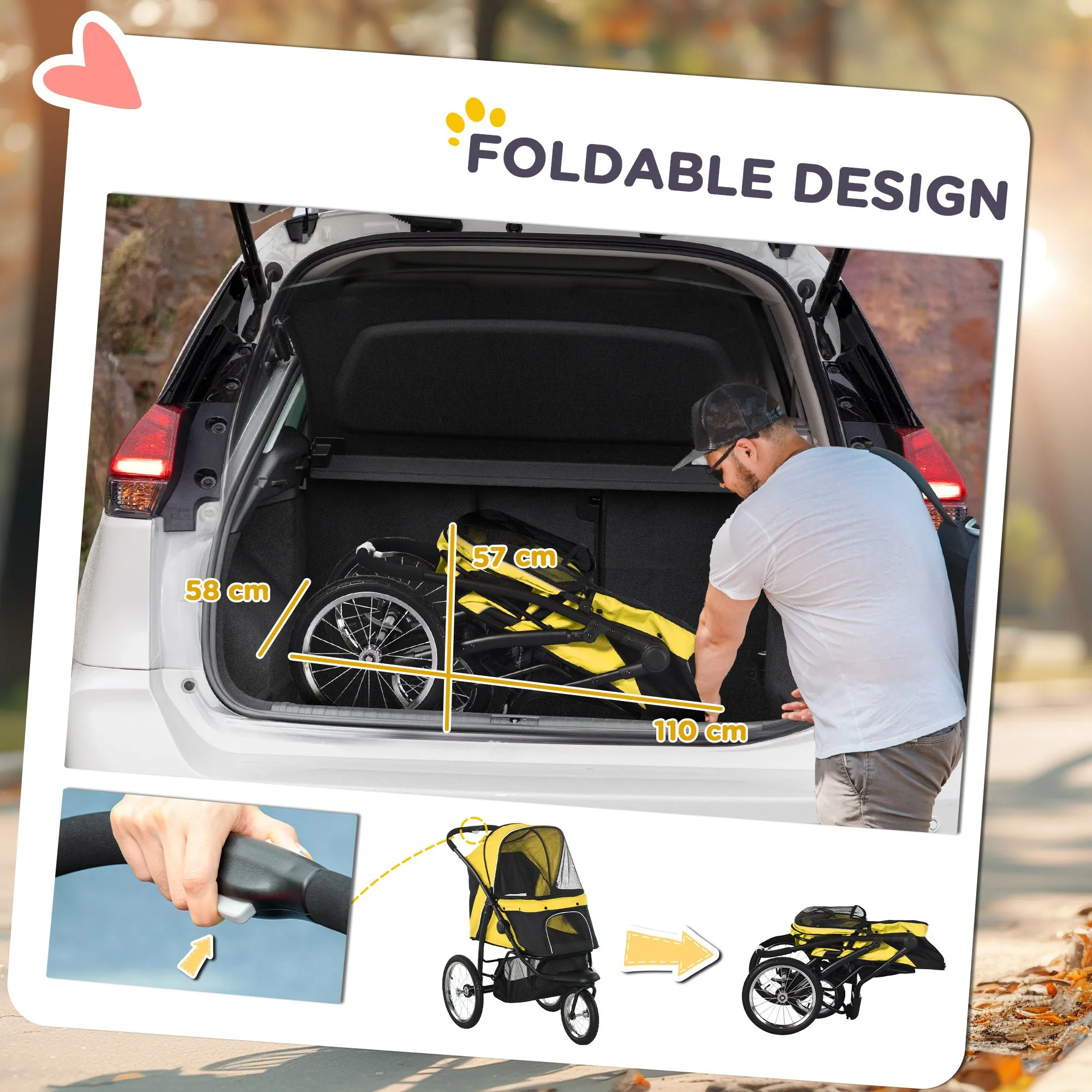 Foldable Pet Stroller Jogger, with Three Wheels, Canopy, for Medium and Small Dogs, Yellow