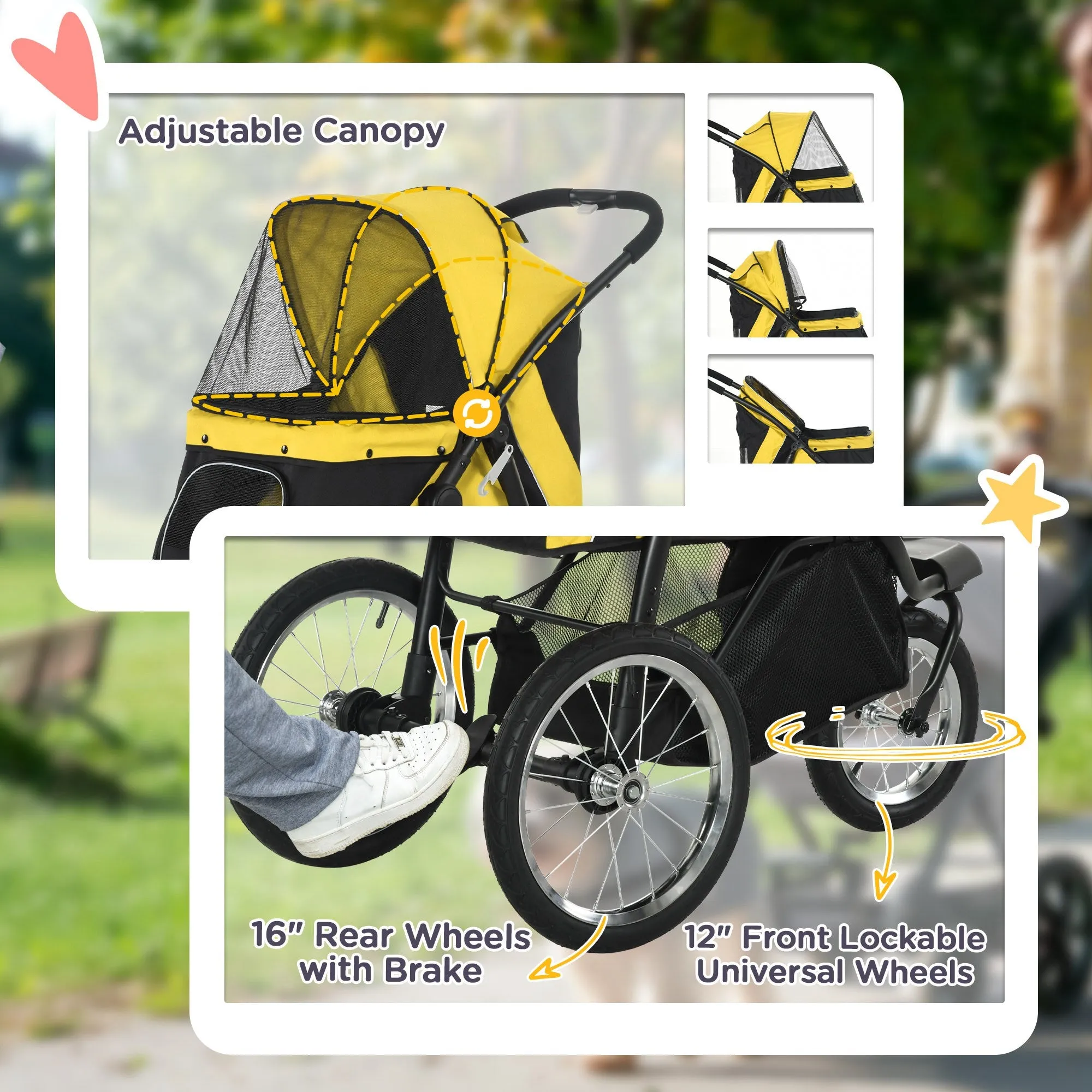 Foldable Pet Stroller Jogger, with Three Wheels, Canopy, for Medium and Small Dogs, Yellow