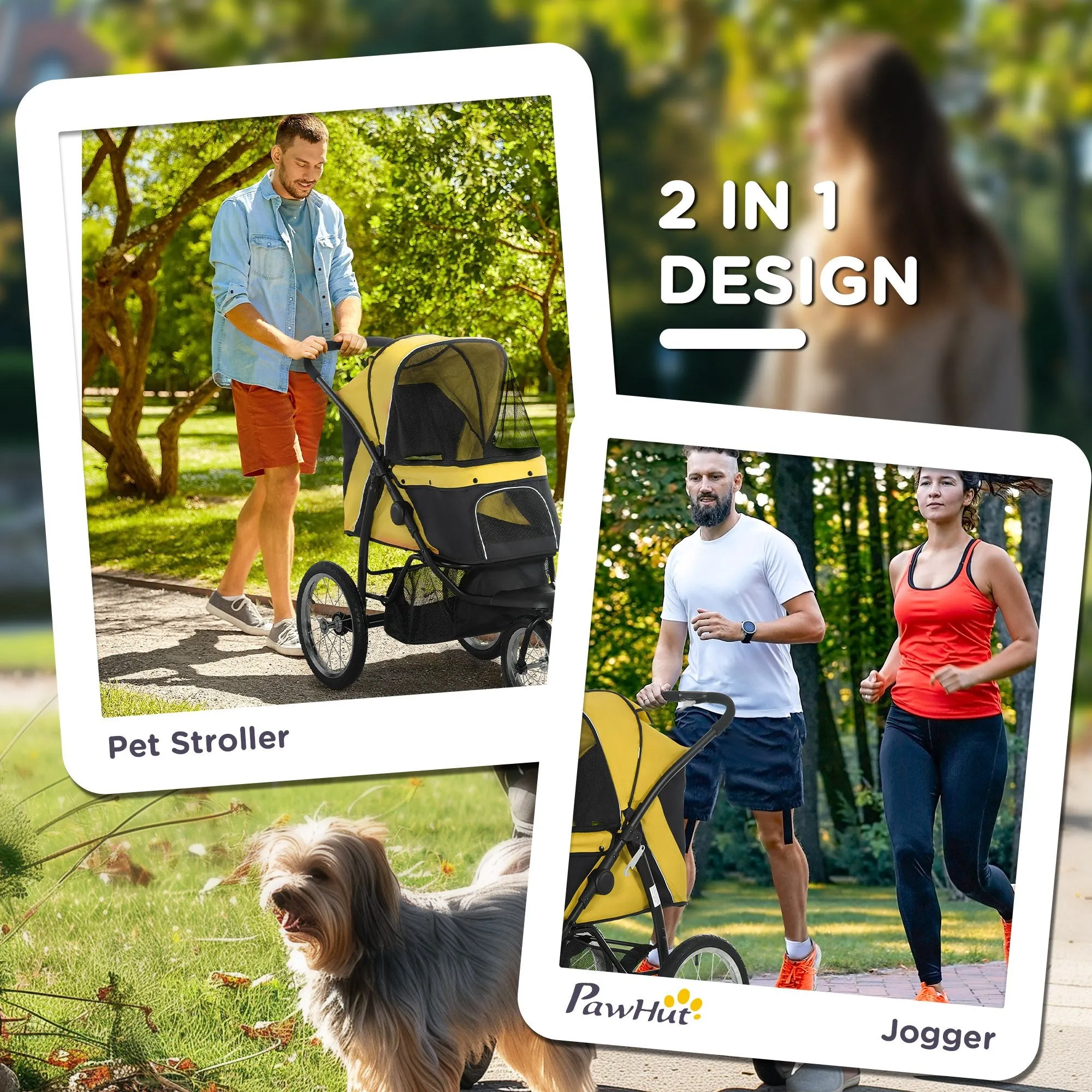 Foldable Pet Stroller Jogger, with Three Wheels, Canopy, for Medium and Small Dogs, Yellow