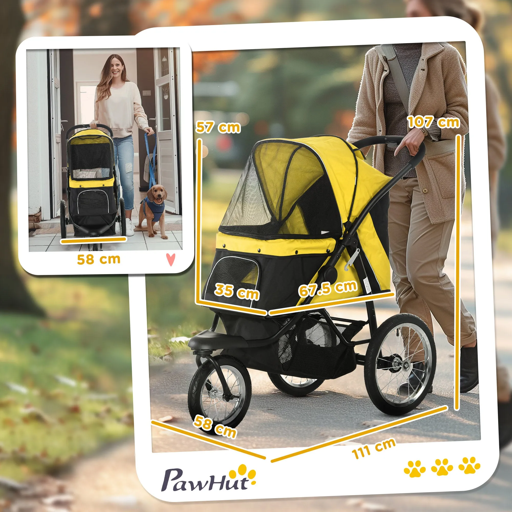 Foldable Pet Stroller Jogger, with Three Wheels, Canopy, for Medium and Small Dogs, Yellow
