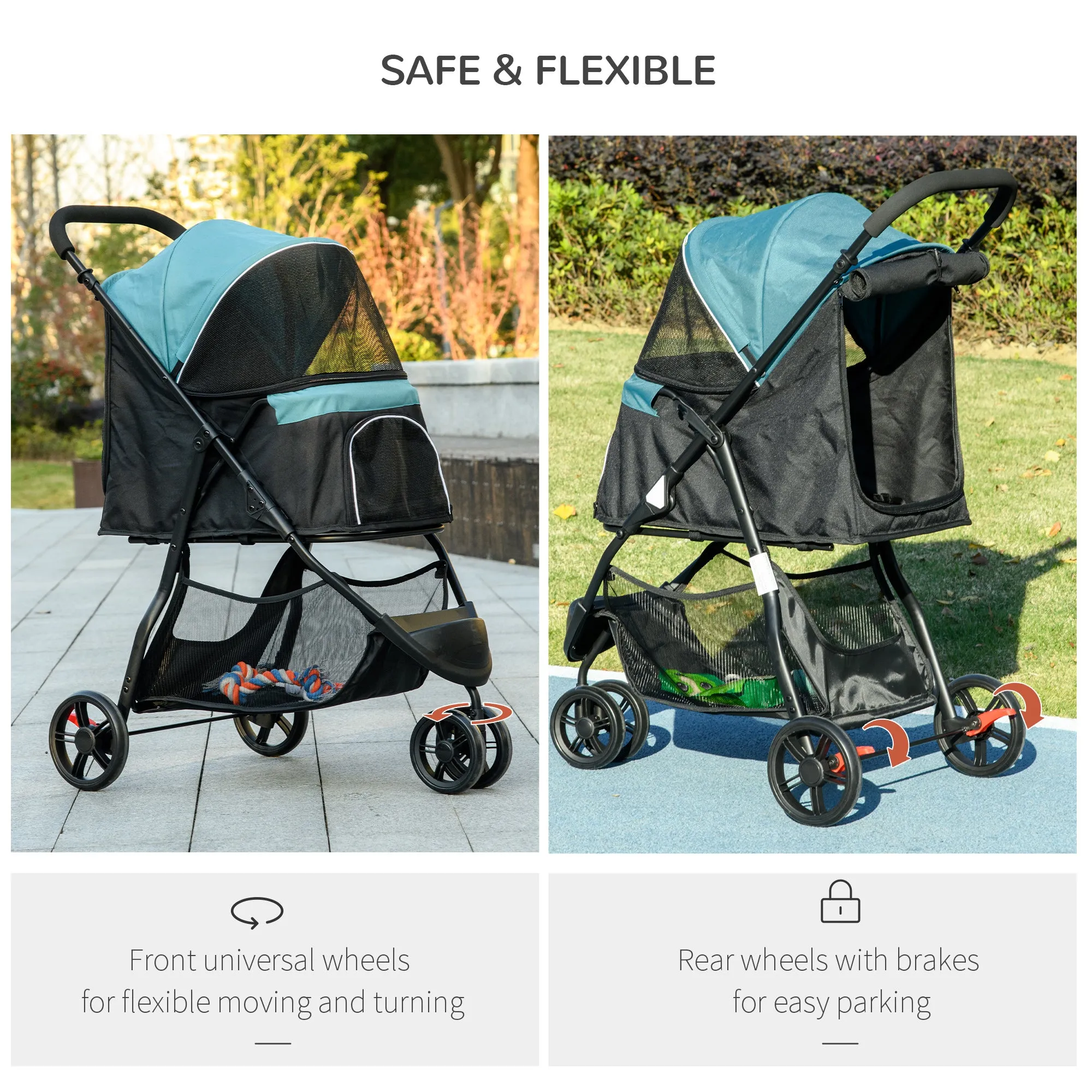 Foldable Pet Stroller w/ Rain Cover, for XS Dogs, S Dogs - Dark Green