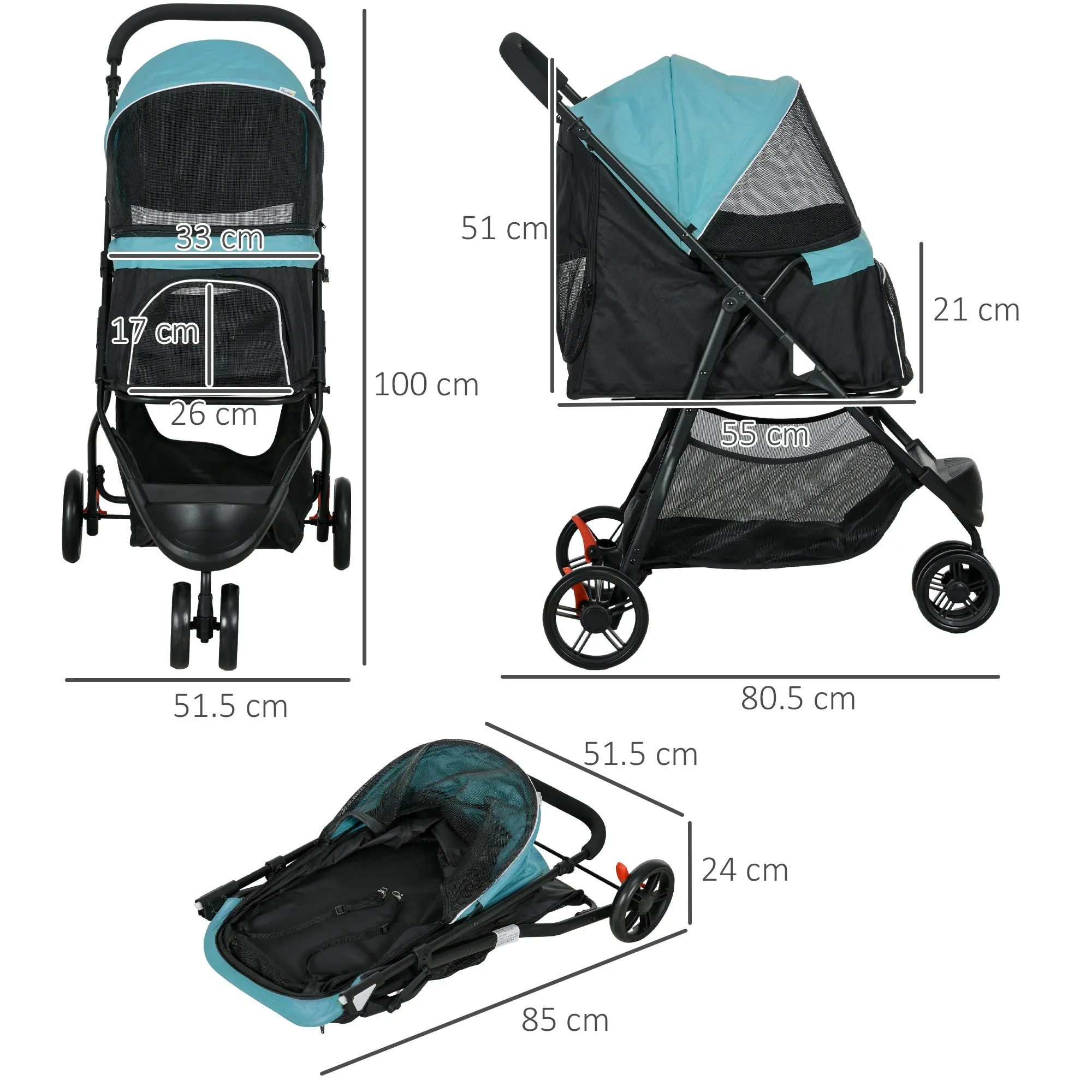Foldable Pet Stroller w/ Rain Cover, for XS Dogs, S Dogs - Dark Green