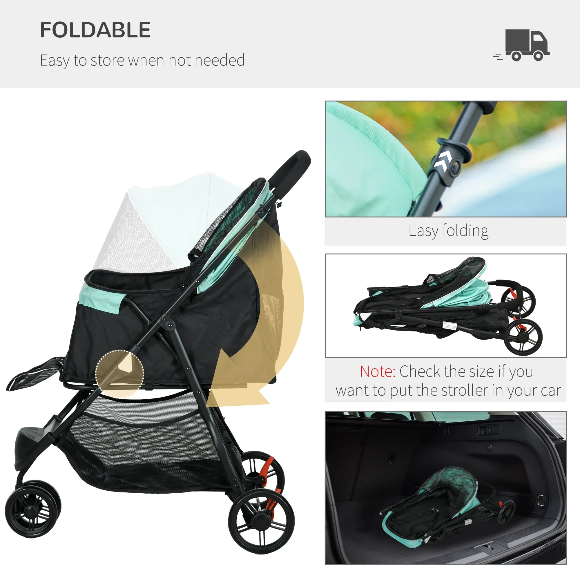 Foldable Pet Stroller w/ Rain Cover, for XS Dogs, S Dogs - Green