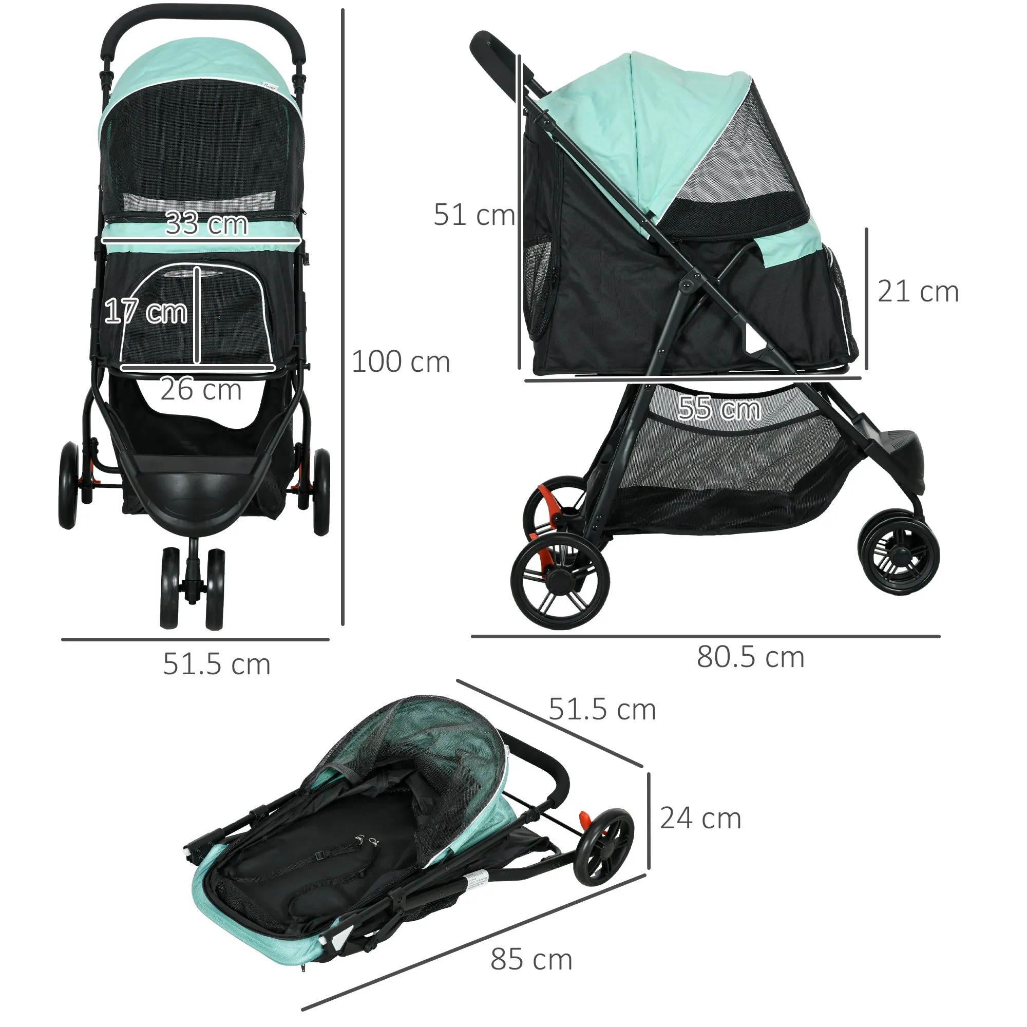 Foldable Pet Stroller w/ Rain Cover, for XS Dogs, S Dogs - Green