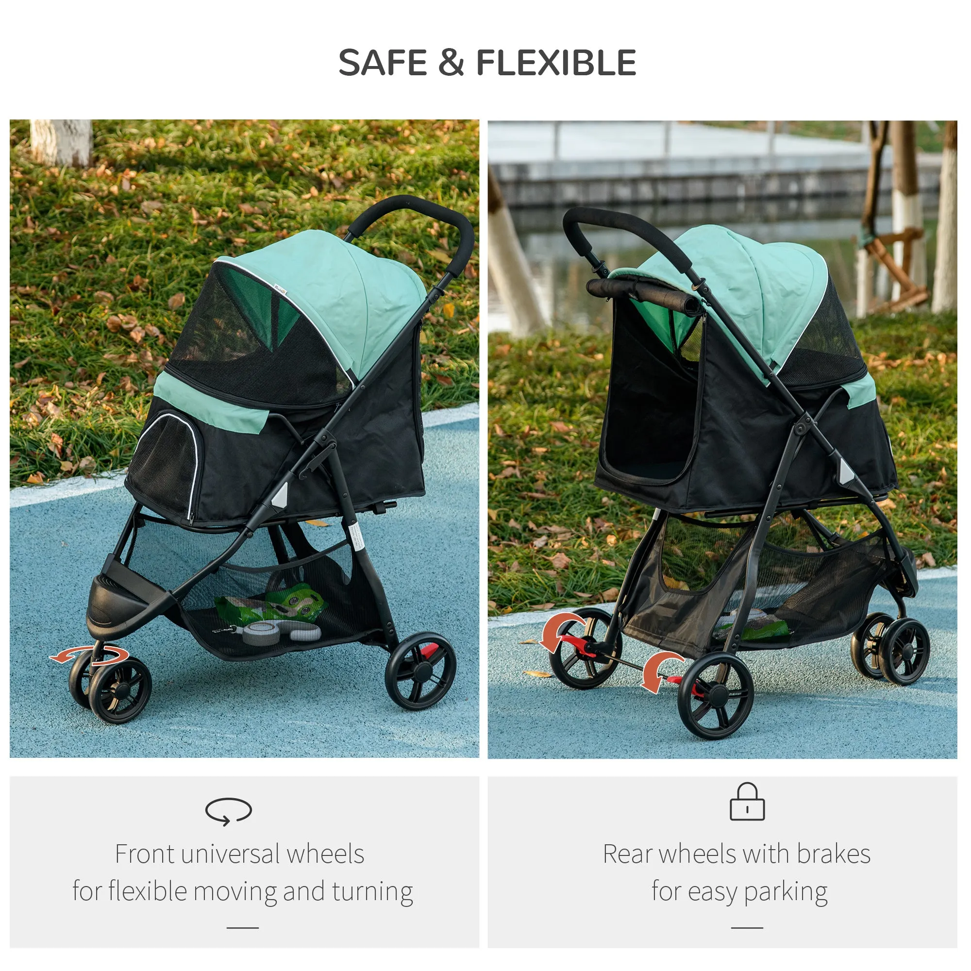 Foldable Pet Stroller w/ Rain Cover, for XS Dogs, S Dogs - Green