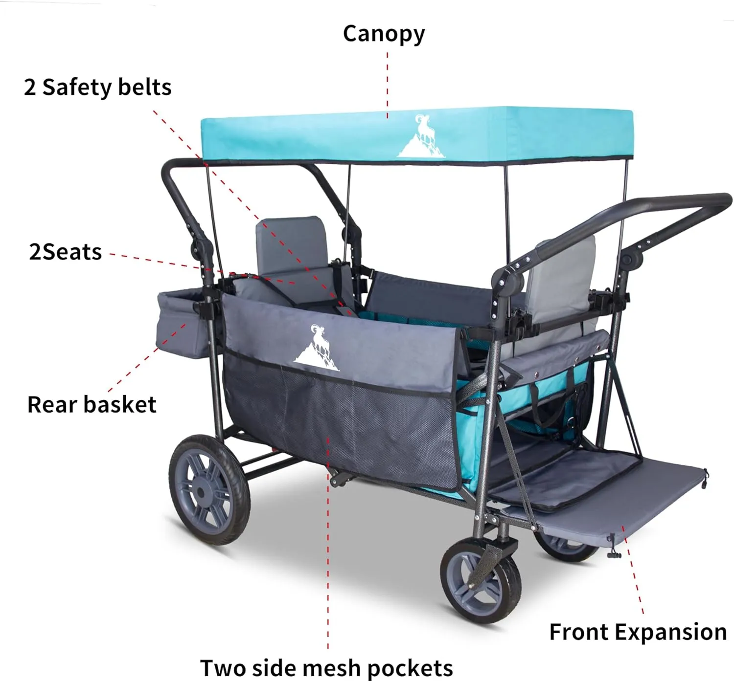 Foldable Wagon with Canopy - Collapsible Utility Cart with 2 Seats & Belts, Adjustable Handle, Expandable Front for Camping, Picnic, Shopping (Turquoise/Grey)