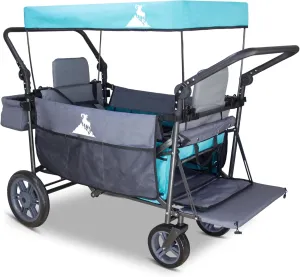 Foldable Wagon with Canopy - Collapsible Utility Cart with 2 Seats & Belts, Adjustable Handle, Expandable Front for Camping, Picnic, Shopping (Turquoise/Grey)
