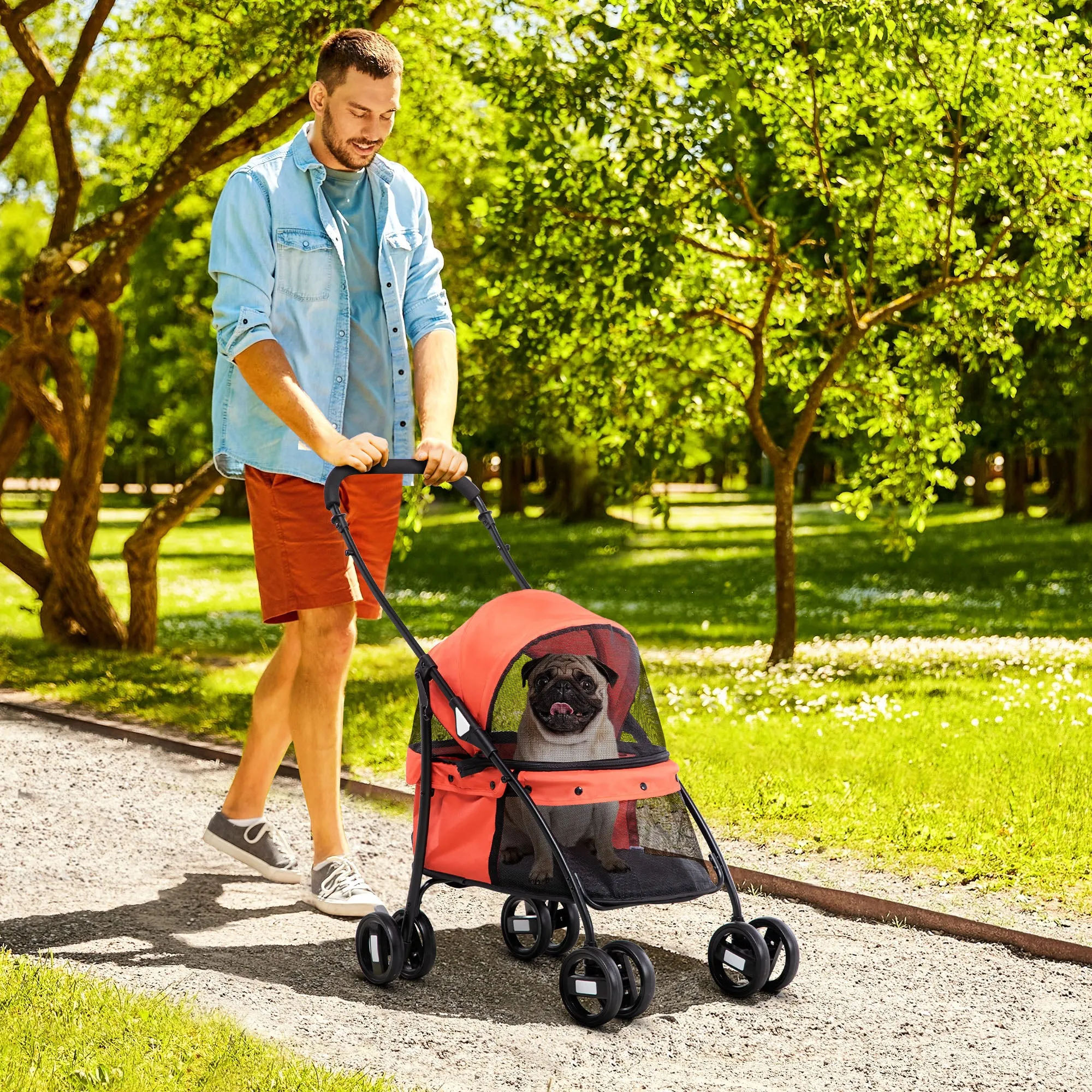 Folding Dog Stroller with Adjustable Canopy, Bag and 2 Leashes, 82x47x97 cm, Red and Black