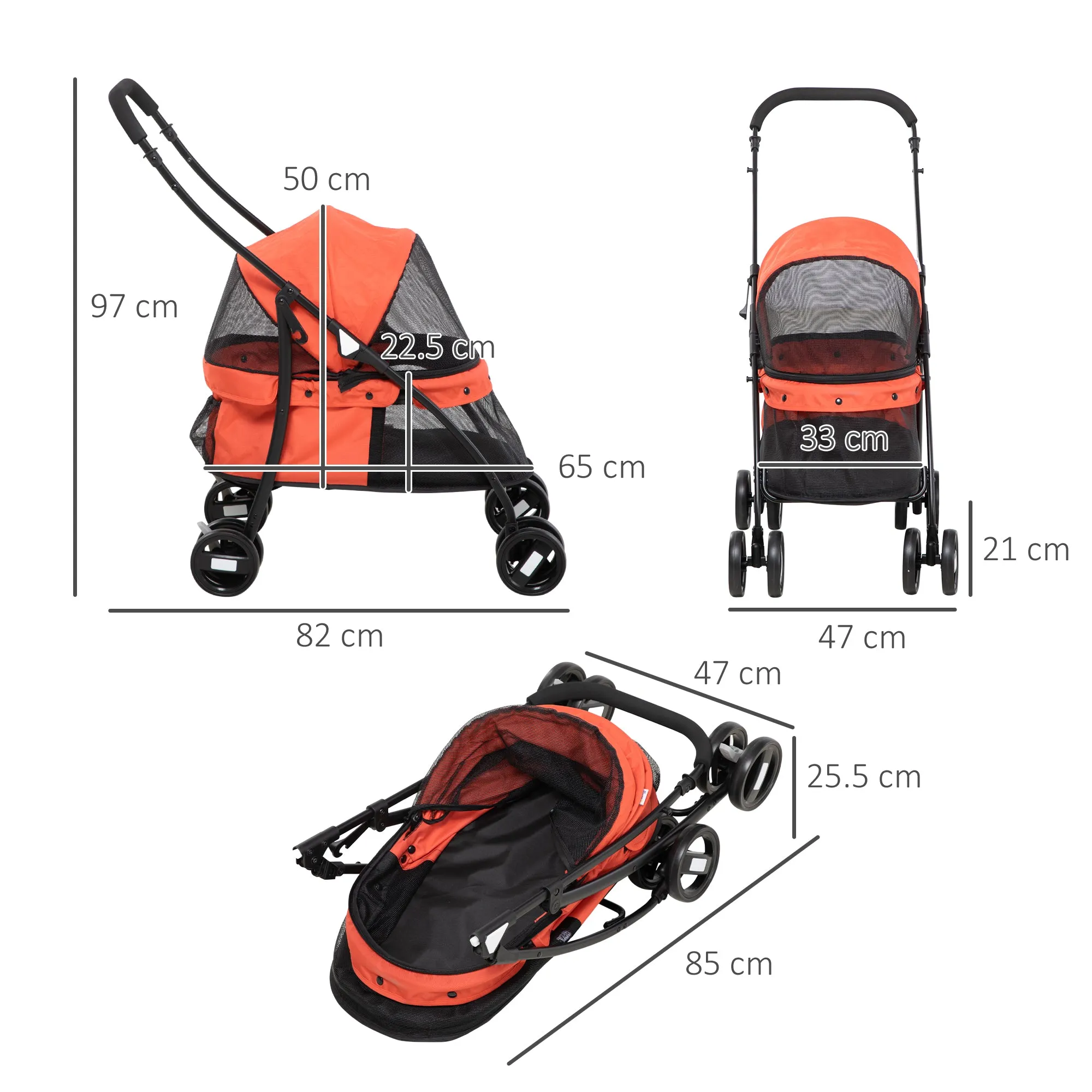 Folding Dog Stroller with Adjustable Canopy, Bag and 2 Leashes, 82x47x97 cm, Red and Black