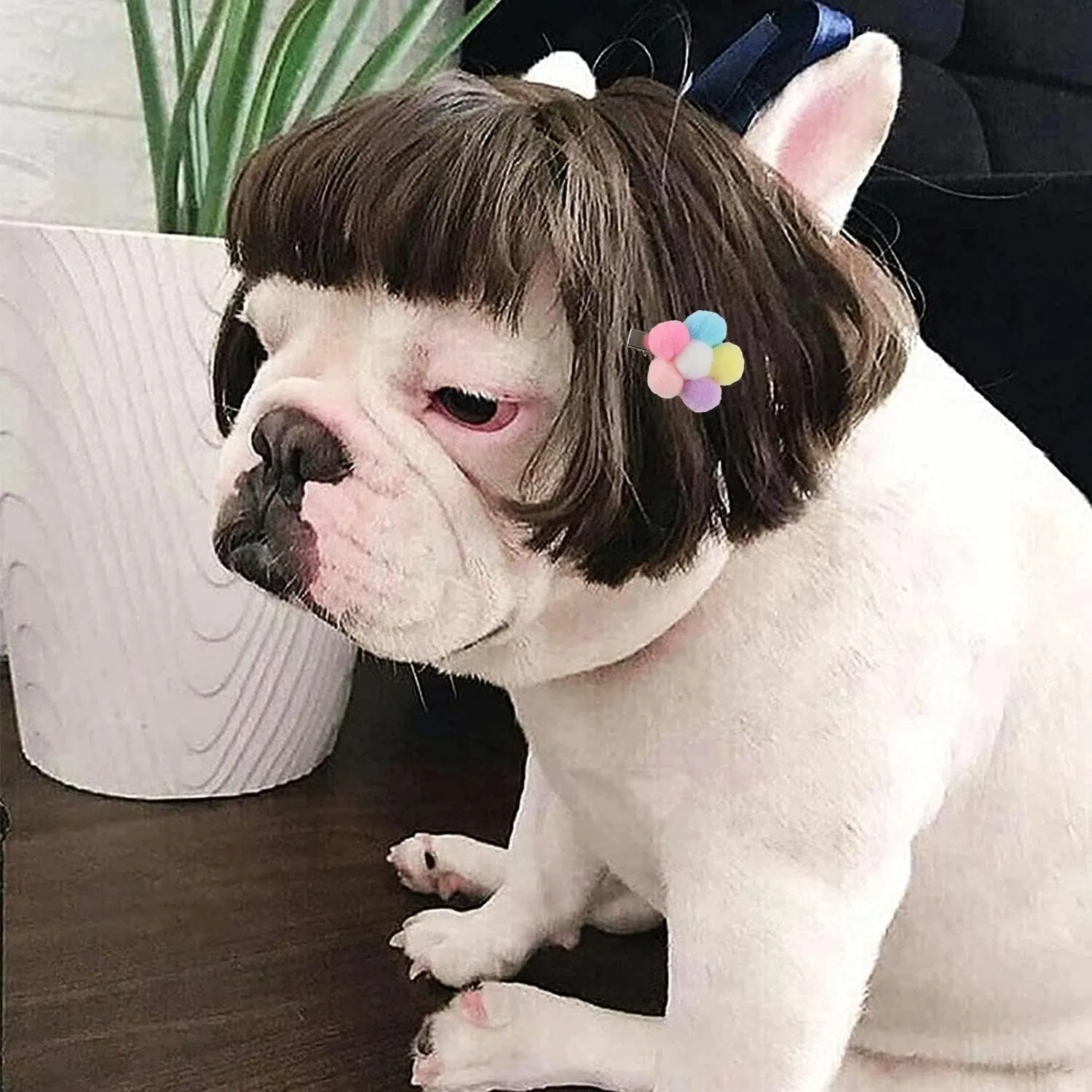 Funny Dog Wig for Small Medium Large Dogs with Free Head Flower, Trimmable Pet Costume Cat Cosplay Decoration for Halloween, Christmas, Parties
