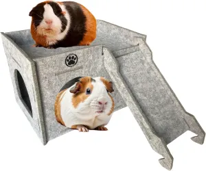 Guinea Pig Felt Hideout & House with Ramp Easy to Assemble Small Animal Sturdy Hut Habitats Decor for Piggies Chinchilla Rat Playing Hiding (Grey)