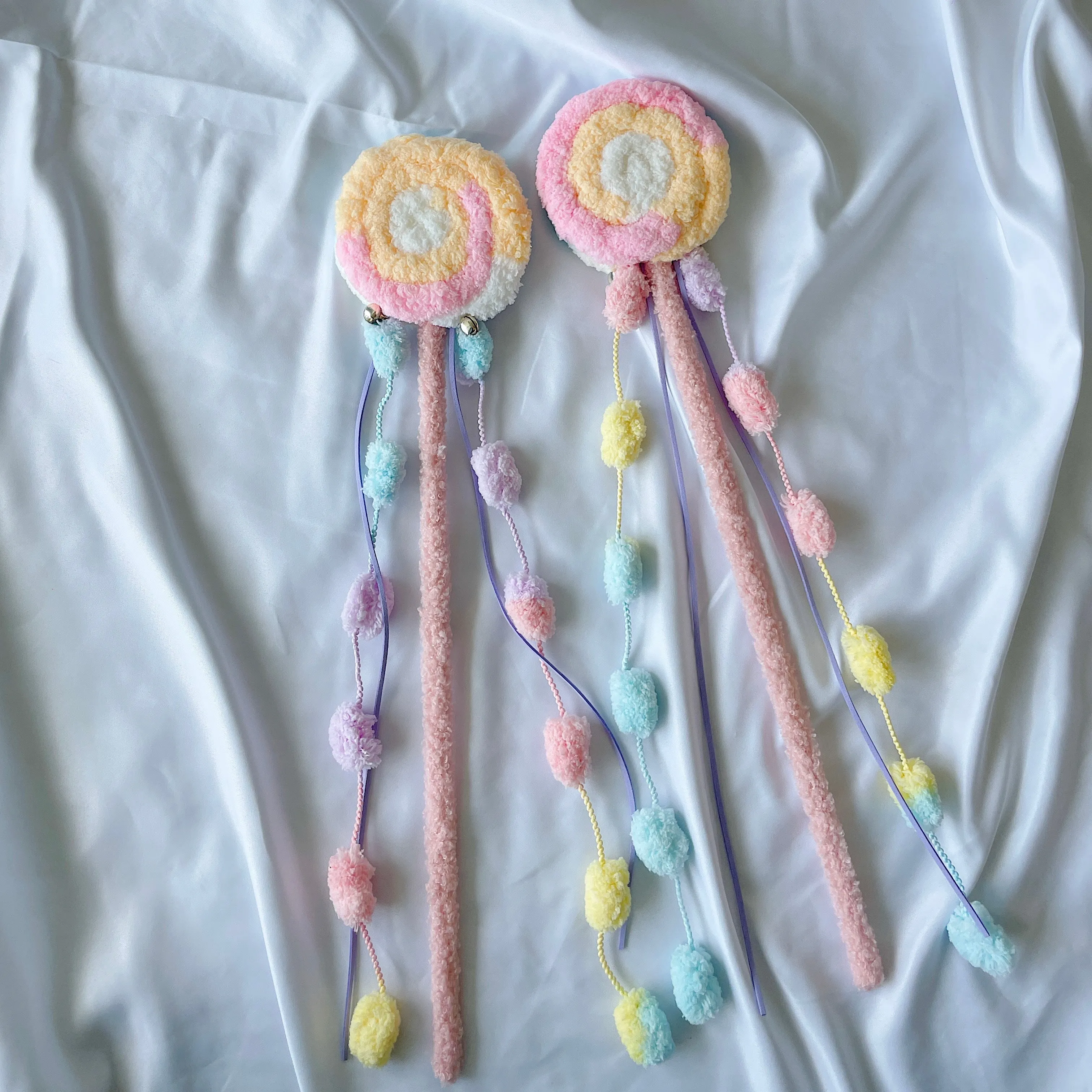 Handmade Fuzzy Plush Lollipop Teaser Wand Toy with Strings for Cats