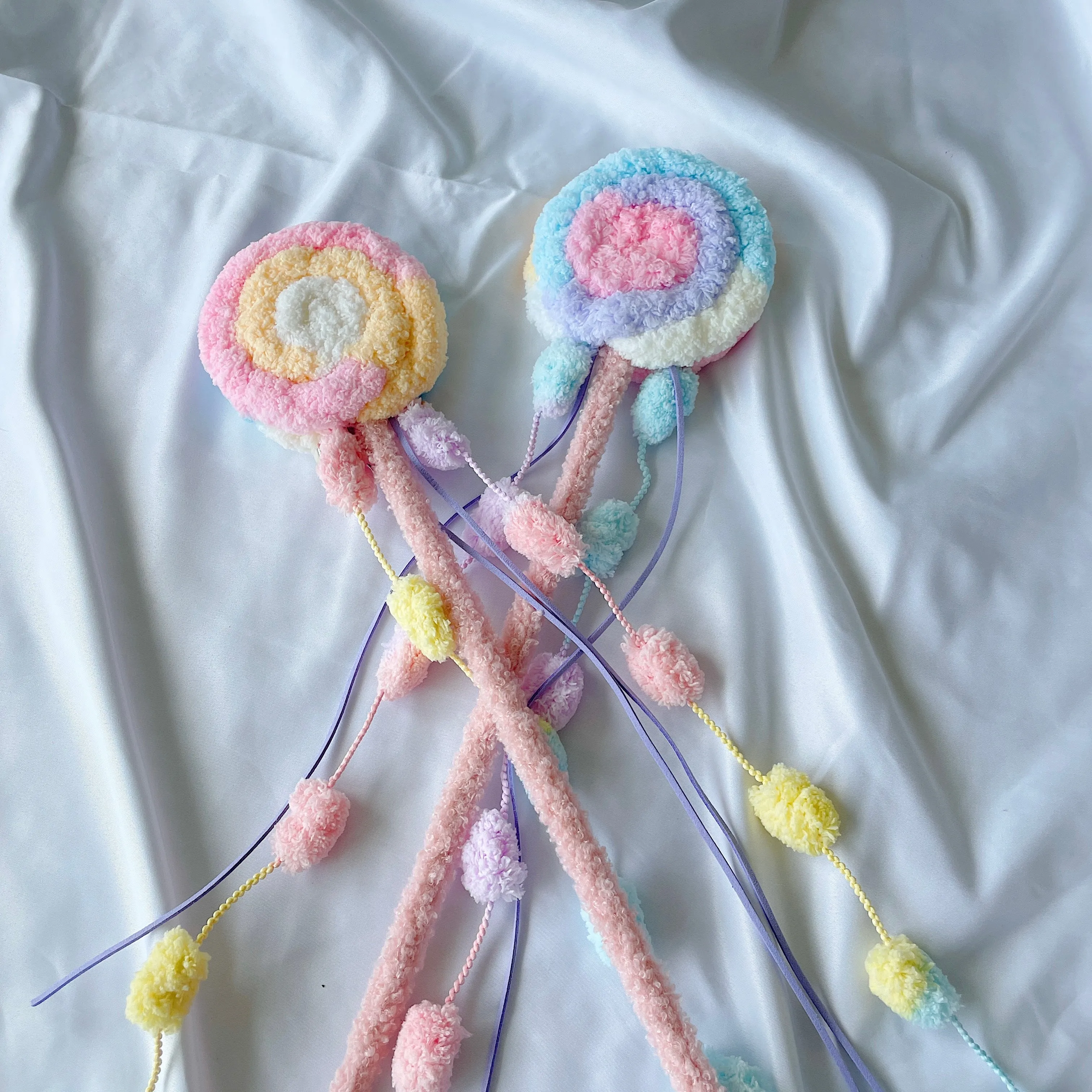Handmade Fuzzy Plush Lollipop Teaser Wand Toy with Strings for Cats