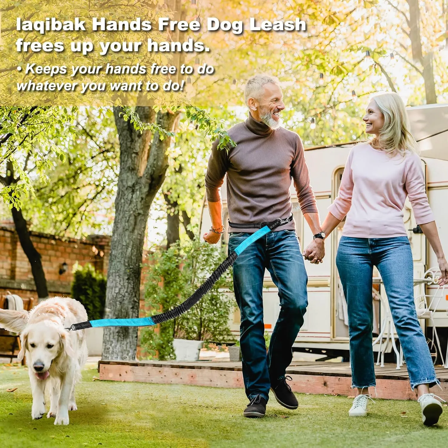 Hands Free Dog Leash, Adjustable Waist Leash for Dog, Handle Bungee 4.2-6.7 Feet Long with Reflective Stitches for Walking Hiking Running, Fits 26"- 43" Waist, Black & Blue