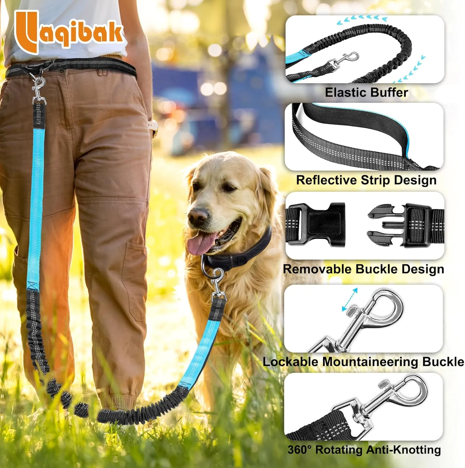 Hands Free Dog Leash, Adjustable Waist Leash for Dog, Handle Bungee 4.2-6.7 Feet Long with Reflective Stitches for Walking Hiking Running, Fits 26"- 43" Waist, Black & Blue