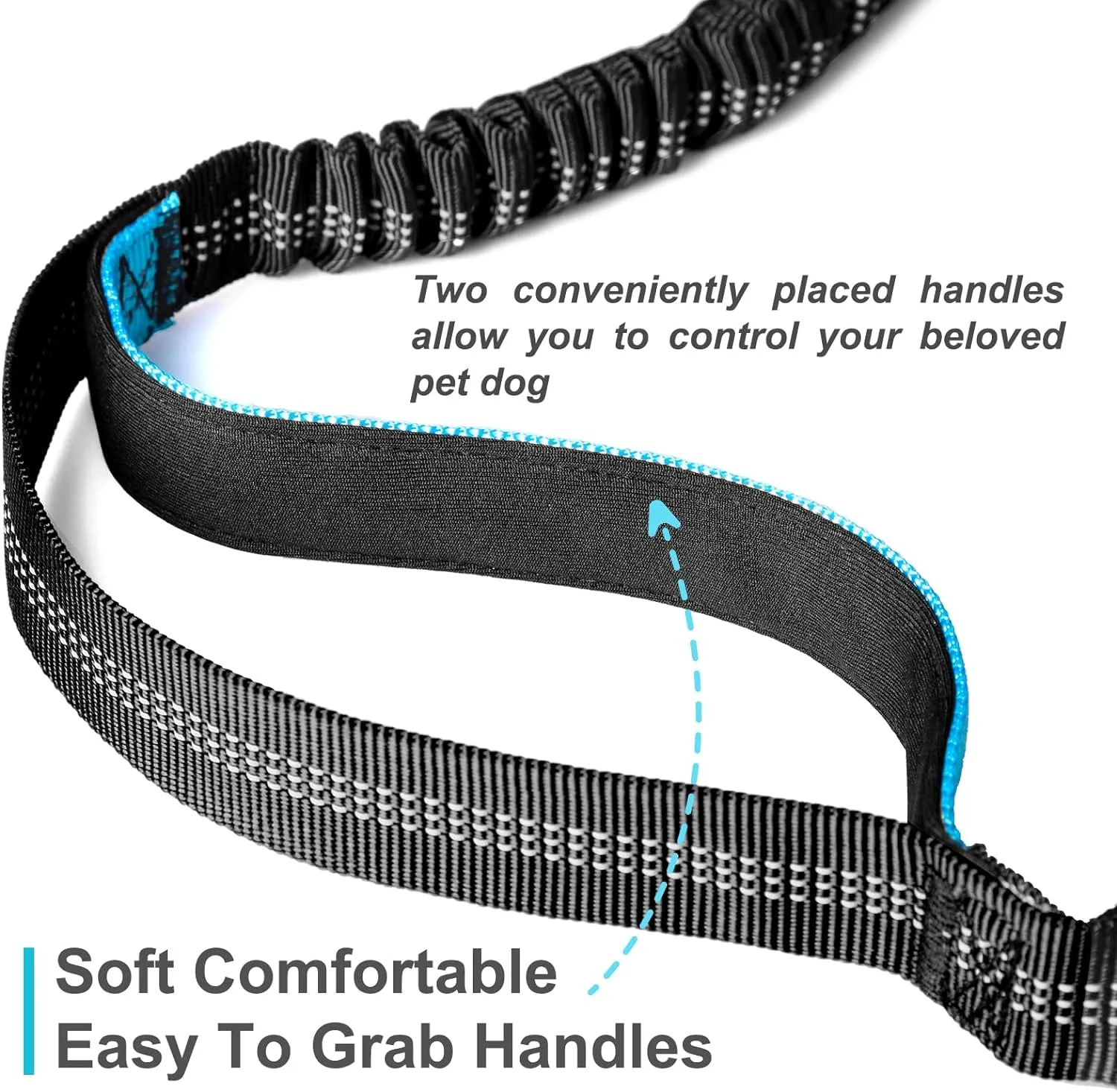Hands Free Dog Leash, Adjustable Waist Leash for Dog, Handle Bungee 4.2-6.7 Feet Long with Reflective Stitches for Walking Hiking Running, Fits 26"- 43" Waist, Black & Blue
