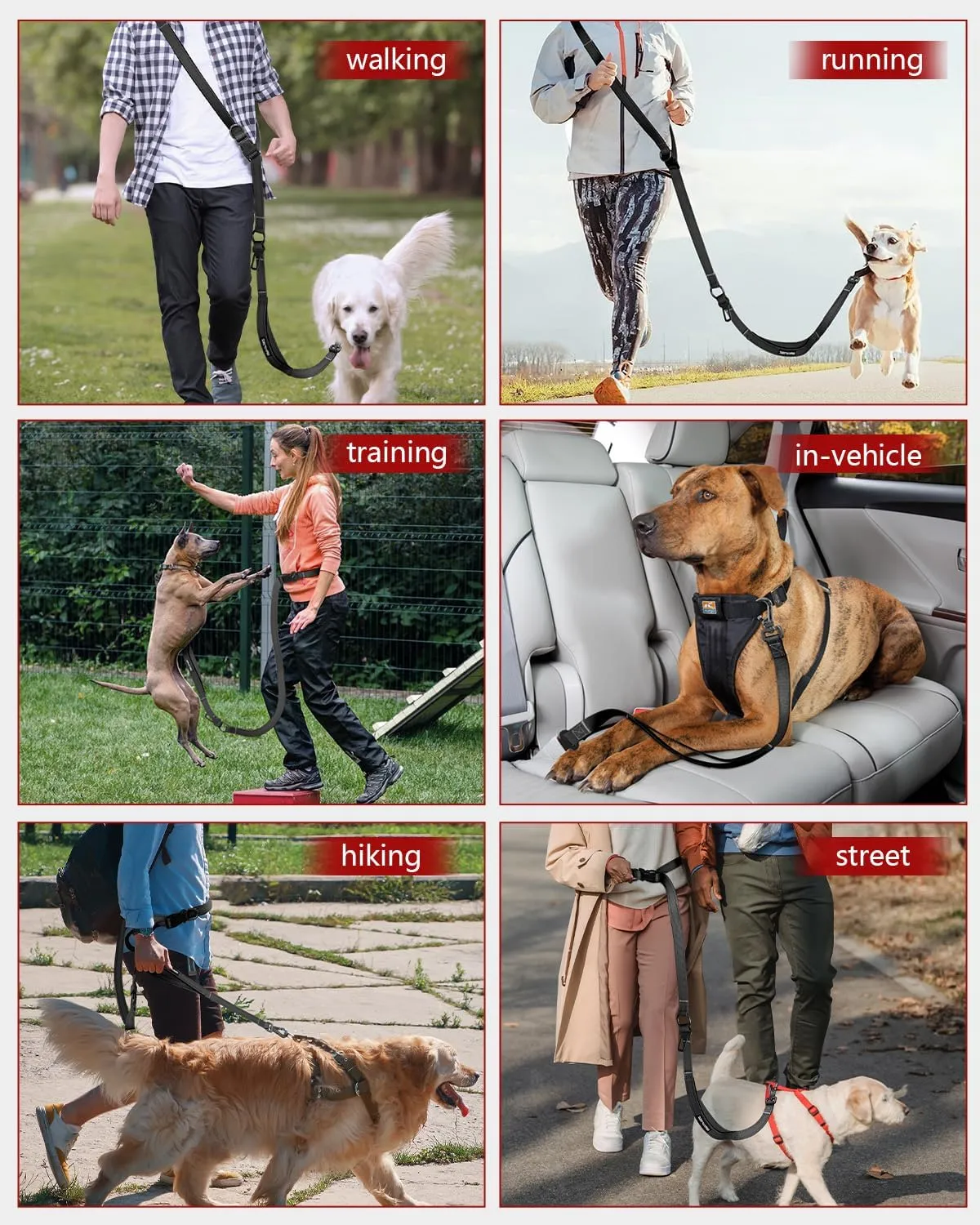 Hands Free Dog Leash, Crossbody Dog Leash, 5.3-7.8Ft Waist Belt with Car Seatbelt and Double-Sided Reflective,Walking, Jogging,Hiking, Travel etc.(Black)