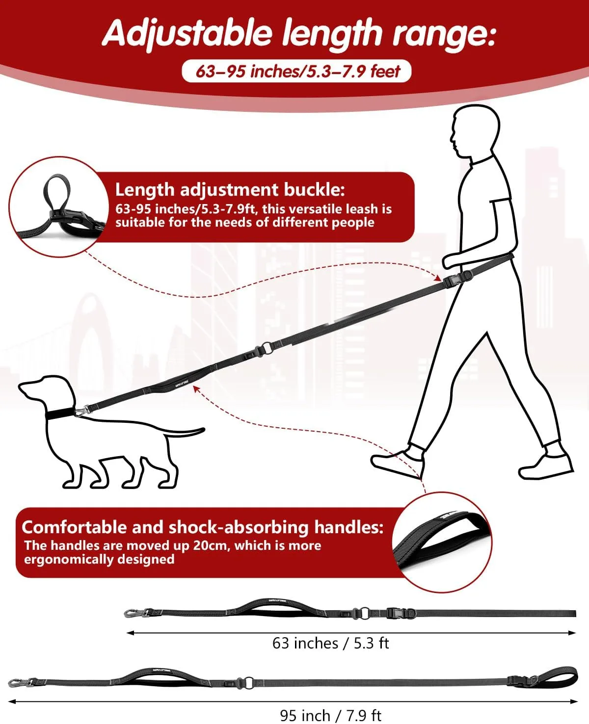 Hands Free Dog Leash, Crossbody Dog Leash, 5.3-7.8Ft Waist Belt with Car Seatbelt and Double-Sided Reflective,Walking, Jogging,Hiking, Travel etc.(Black)