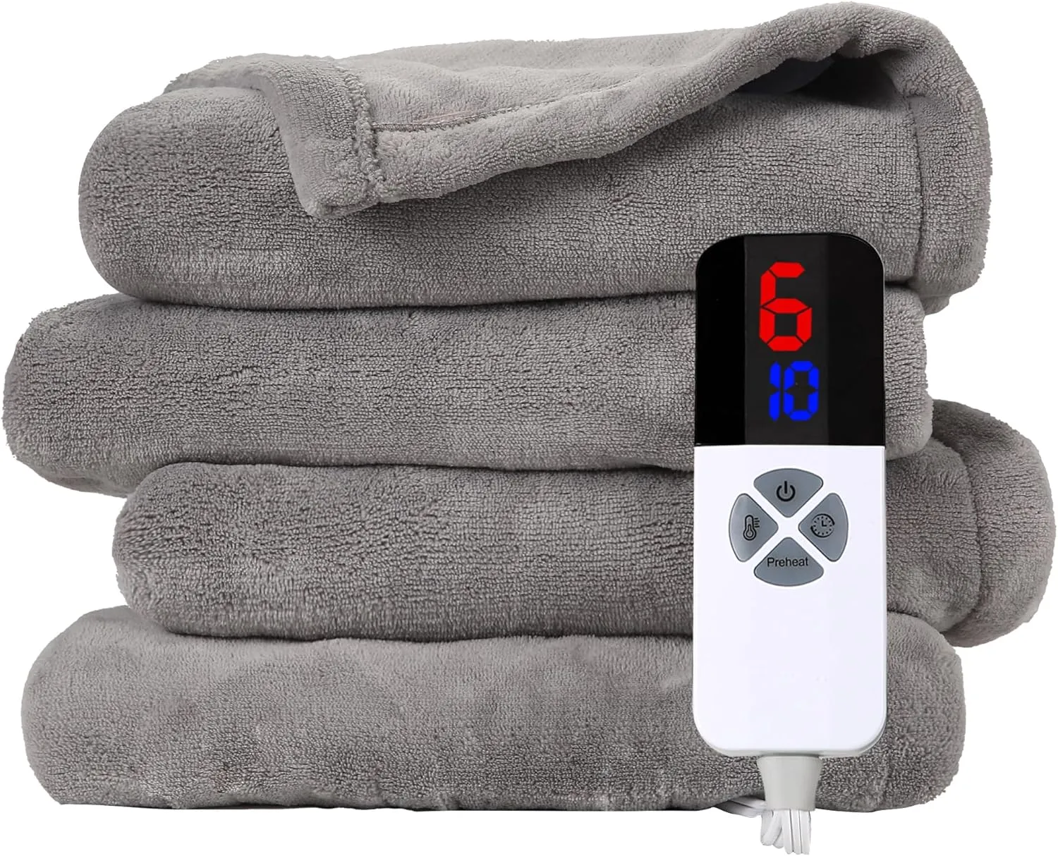 Heated Blanket - 72"x84" Full Size Electric Blanket with Preheat Function & Overheat Protection, 6 Heating Levels, Adjustable 1-10 Hour Timer, Light Gray