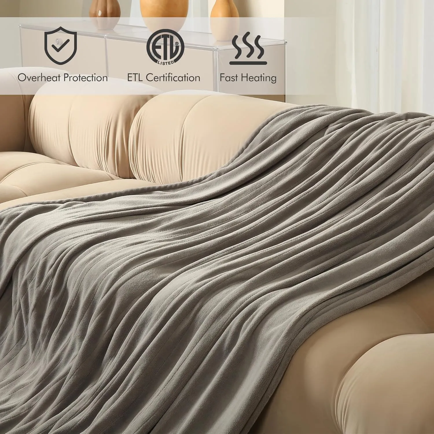 Heated Blanket - 72"x84" Full Size Electric Blanket with Preheat Function & Overheat Protection, 6 Heating Levels, Adjustable 1-10 Hour Timer, Light Gray