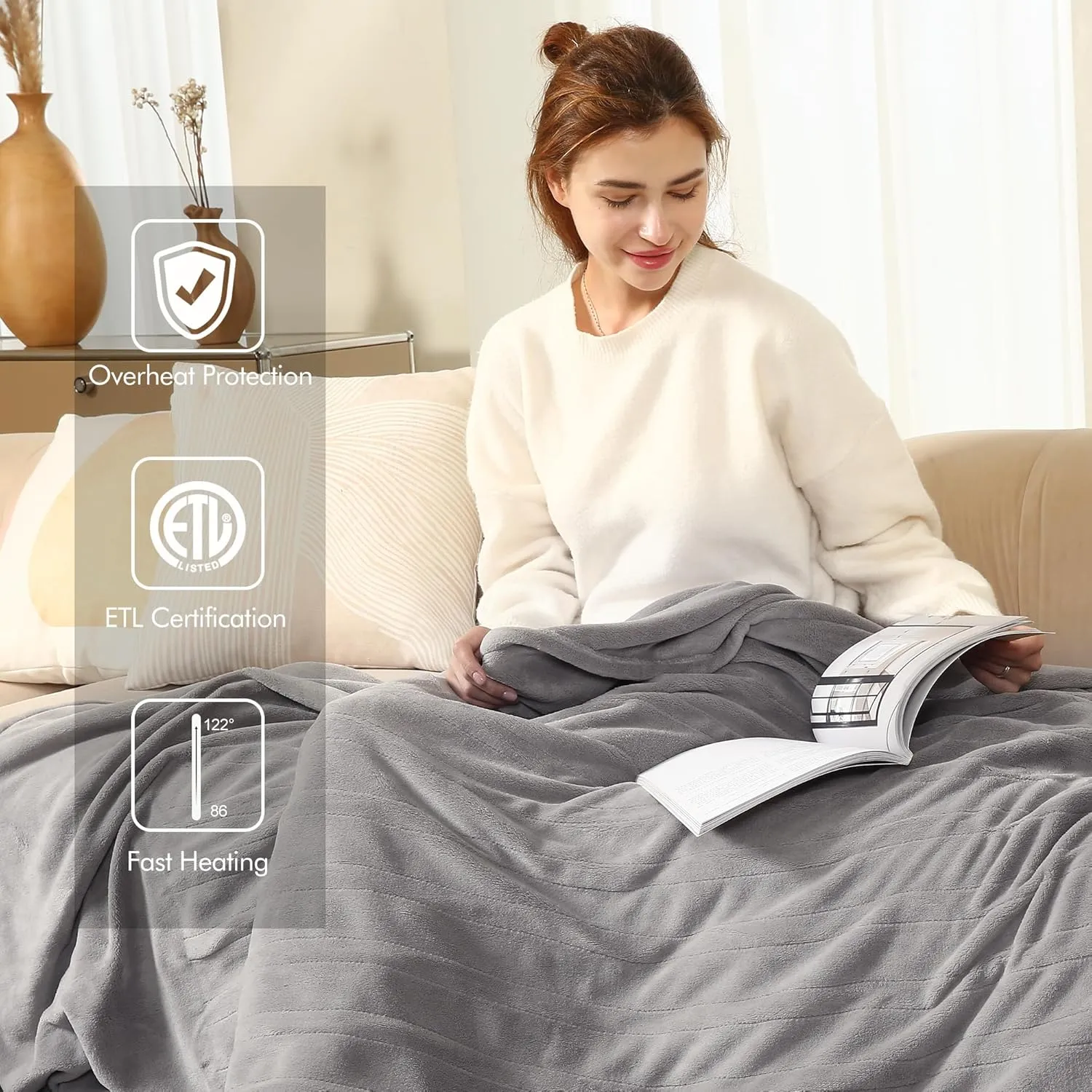 Heated Blanket - 72"x84" Full Size Electric Blanket with Preheat Function & Overheat Protection, 6 Heating Levels, Adjustable 1-10 Hour Timer, Light Gray