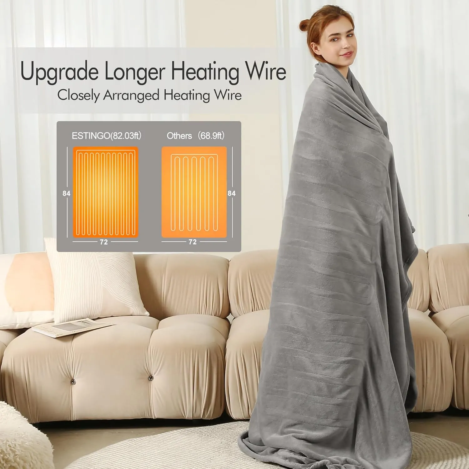 Heated Blanket - 72"x84" Full Size Electric Blanket with Preheat Function & Overheat Protection, 6 Heating Levels, Adjustable 1-10 Hour Timer, Light Gray