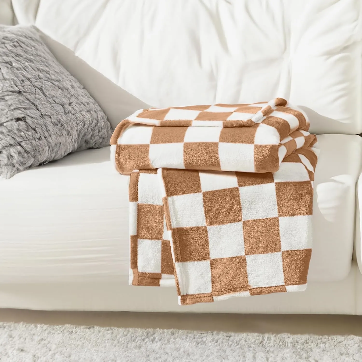 Homelike Moment Checkered Blanket - Twin Size, Brown Checkerboard Grid, Soft Fluffy Fleece, Fuzzy Cozy Plush for Couch & Comfy Warm Lightweight Bed Blanket (Khaki Cream, 60x80IN)