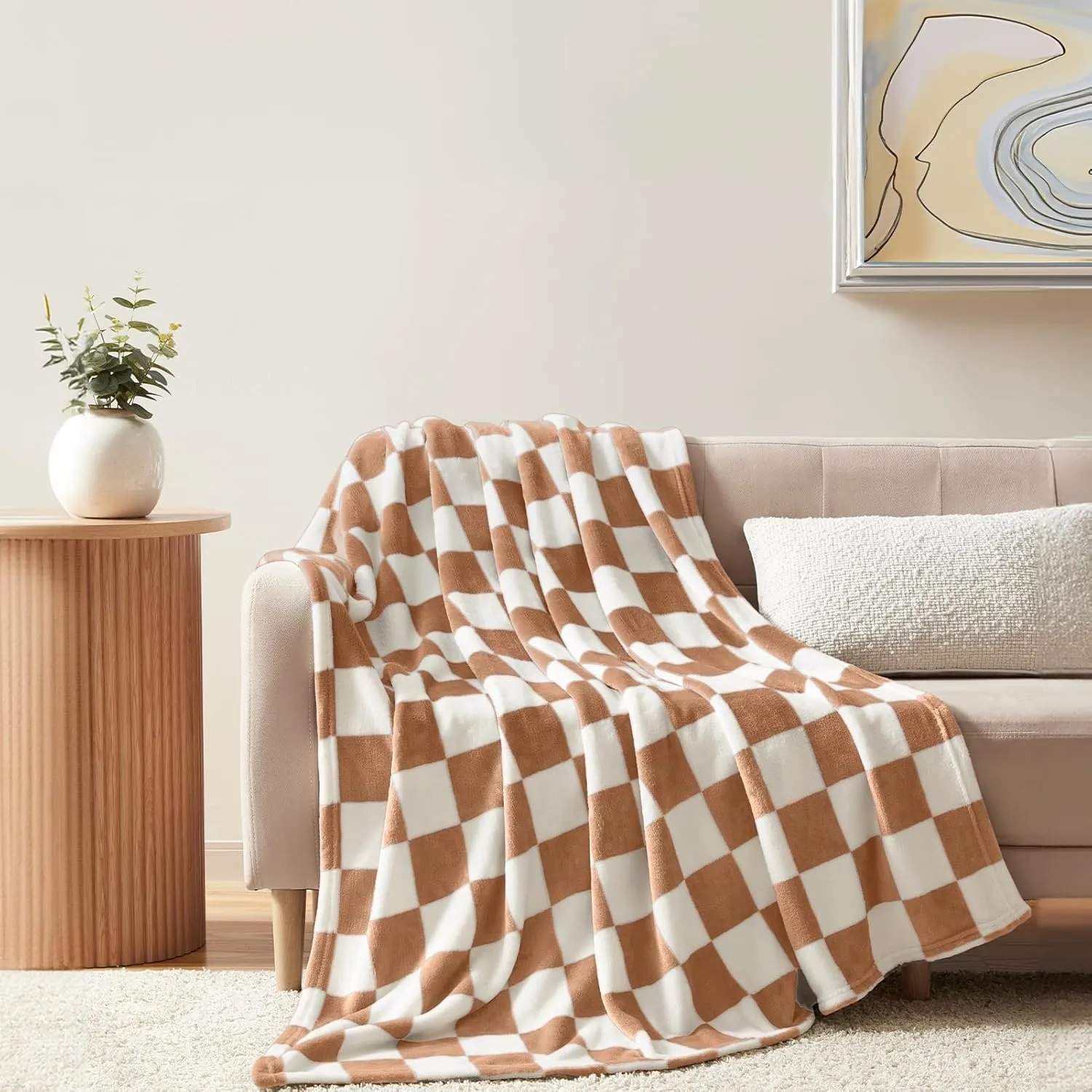 Homelike Moment Checkered Blanket - Twin Size, Brown Checkerboard Grid, Soft Fluffy Fleece, Fuzzy Cozy Plush for Couch & Comfy Warm Lightweight Bed Blanket (Khaki Cream, 60x80IN)