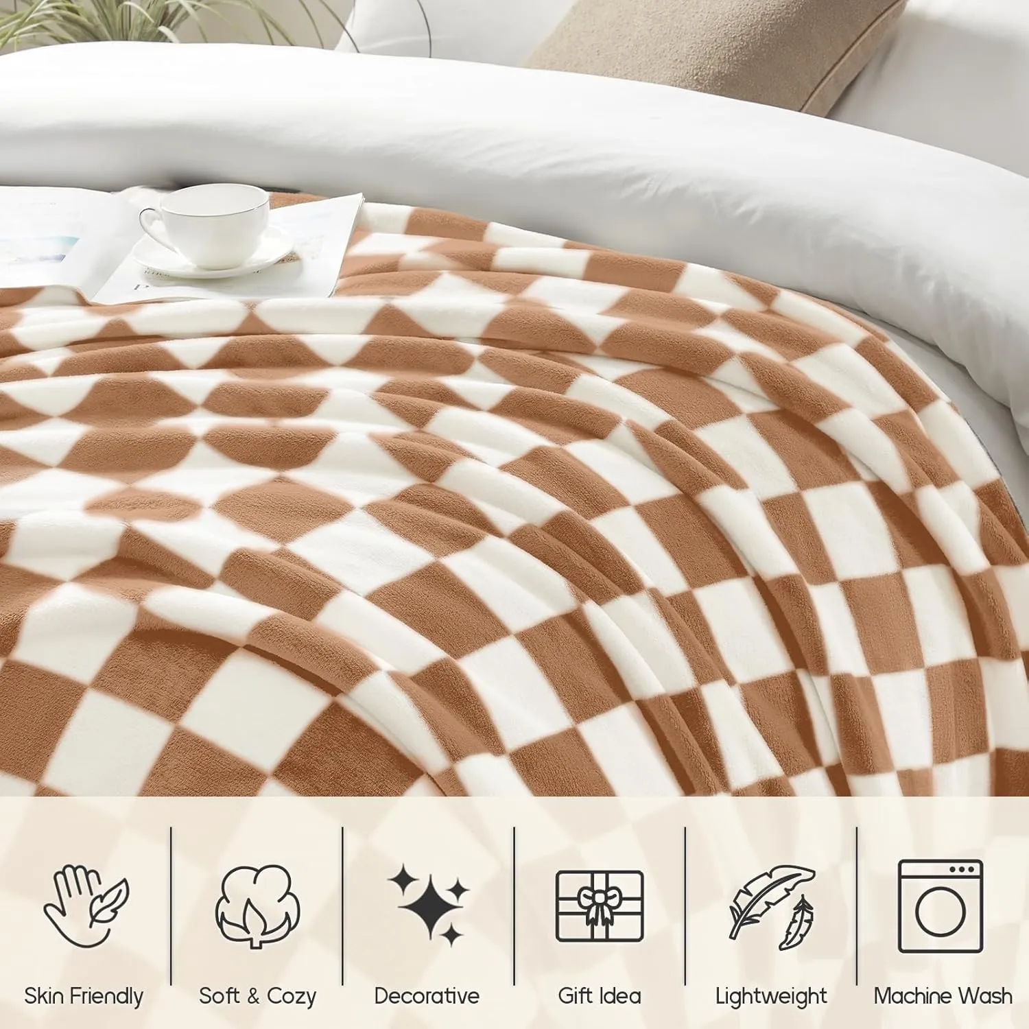 Homelike Moment Checkered Blanket - Twin Size, Brown Checkerboard Grid, Soft Fluffy Fleece, Fuzzy Cozy Plush for Couch & Comfy Warm Lightweight Bed Blanket (Khaki Cream, 60x80IN)