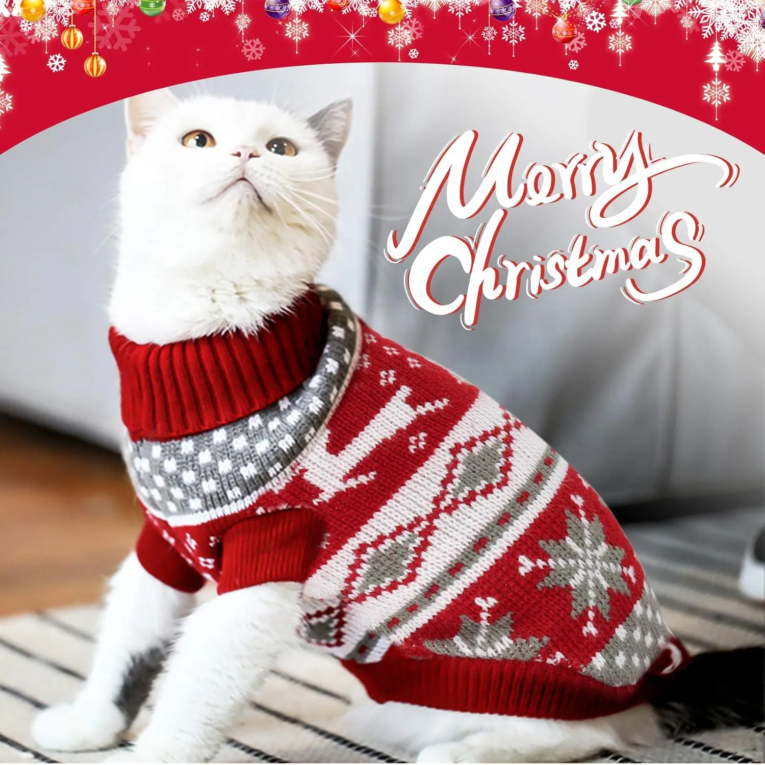 HYLYUN Cat & Dog Christmas Sweater 2 Pack - Reindeer & Snowflake Sweaters for Kittens & Small Dogs (X-Small, Red, Grey)