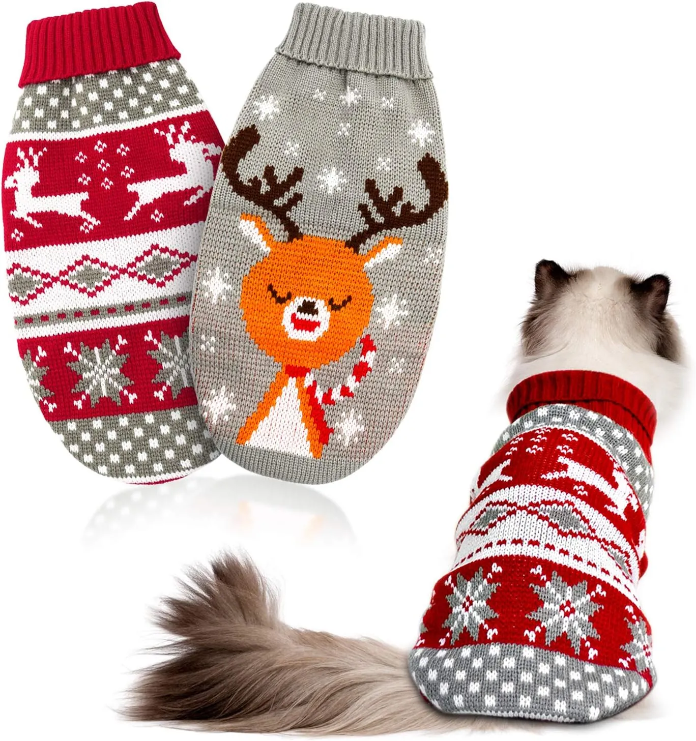 HYLYUN Cat & Dog Christmas Sweater 2 Pack - Reindeer & Snowflake Sweaters for Kittens & Small Dogs (X-Small, Red, Grey)