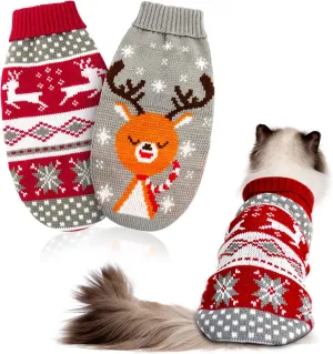 HYLYUN Cat & Dog Christmas Sweater 2 Pack - Reindeer & Snowflake Sweaters for Kittens & Small Dogs (X-Small, Red, Grey)