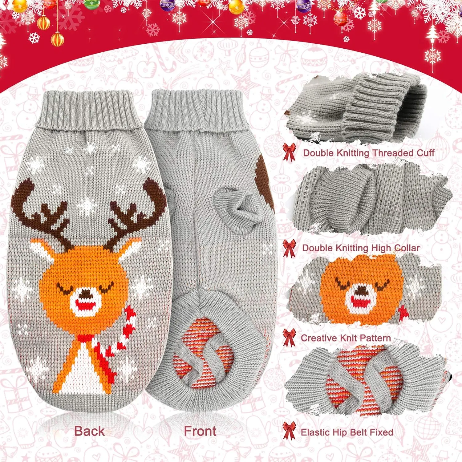 HYLYUN Cat & Dog Christmas Sweater 2 Pack - Reindeer & Snowflake Sweaters for Kittens & Small Dogs (X-Small, Red, Grey)