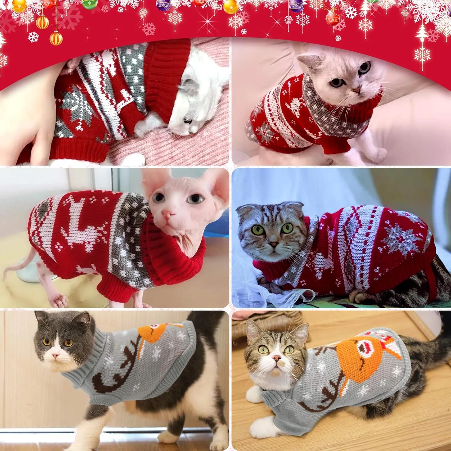 HYLYUN Cat & Dog Christmas Sweater 2 Pack - Reindeer & Snowflake Sweaters for Kittens & Small Dogs (X-Small, Red, Grey)
