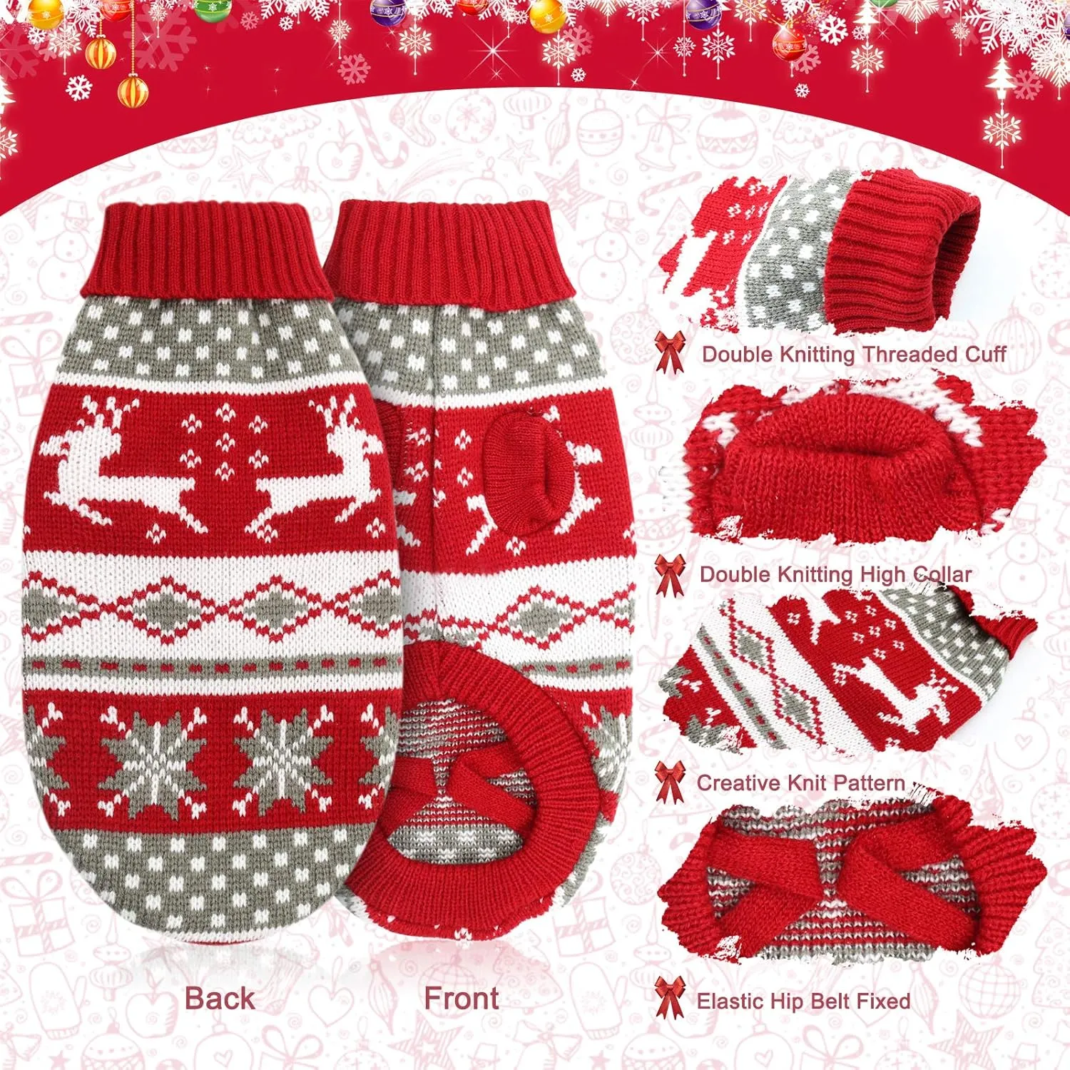 HYLYUN Cat & Dog Christmas Sweater 2 Pack - Reindeer & Snowflake Sweaters for Kittens & Small Dogs (X-Small, Red, Grey)