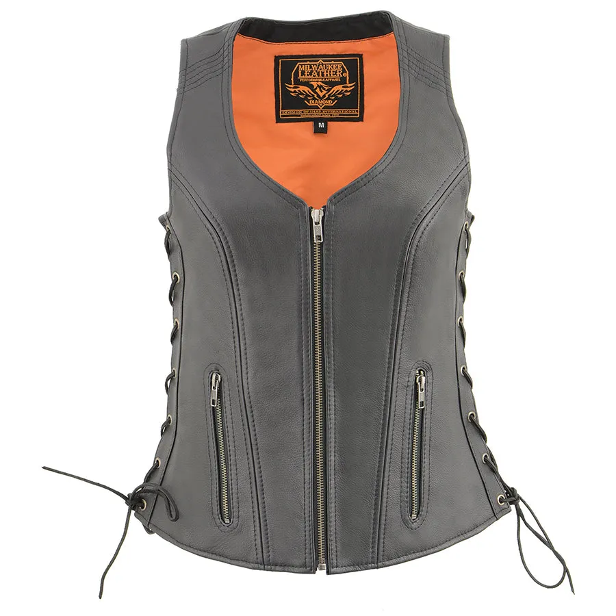 Ladies Black Open Neck Side Lace Zipper Front VestWith Cool Tec®