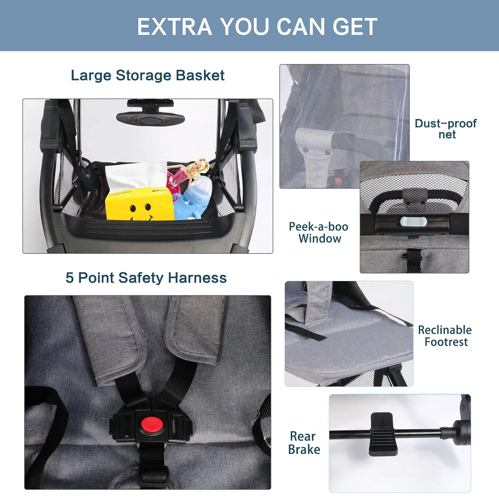 Lightweight Foldable Baby Stroller One-Hand Fold Pushchair with Adjustable Backrest, Gray
