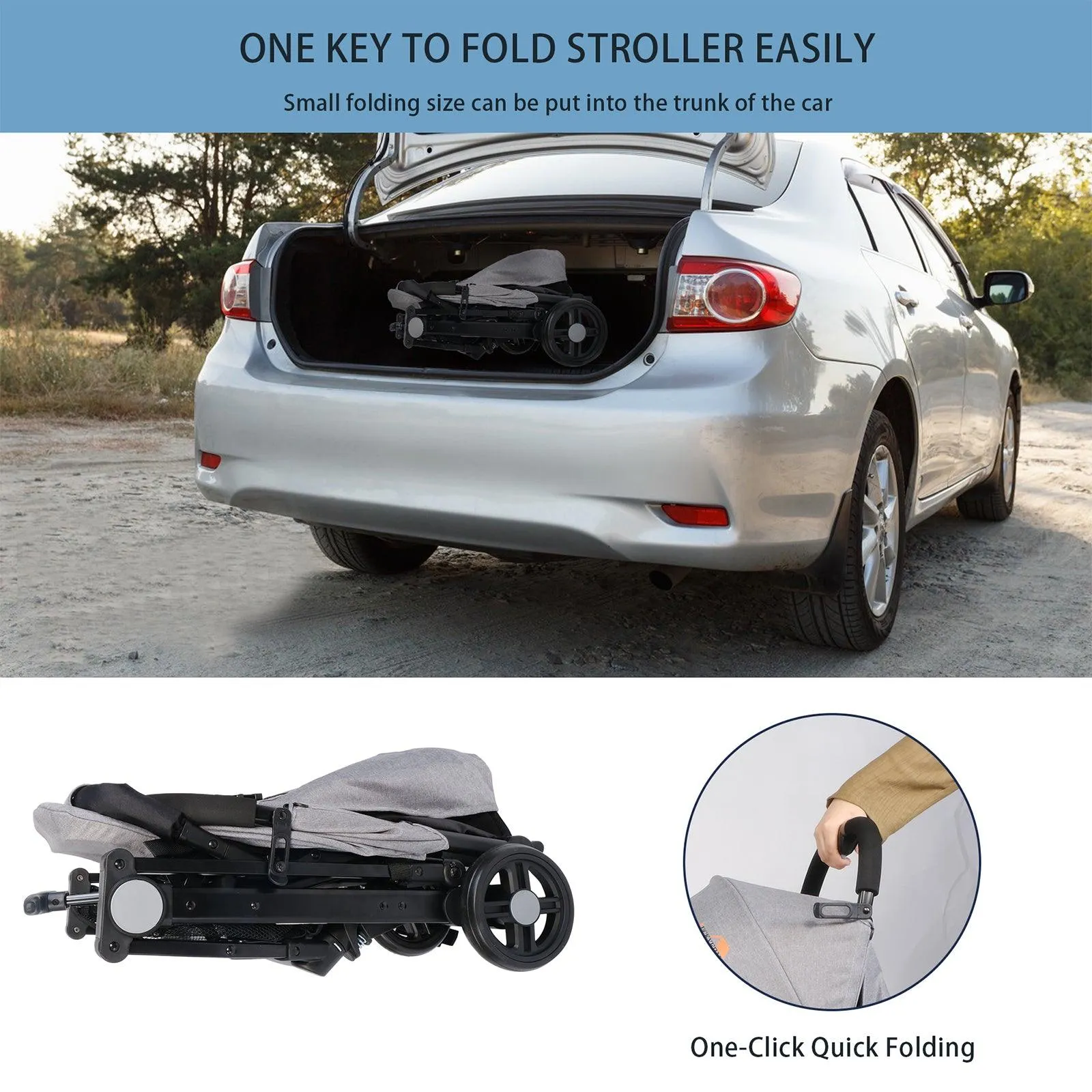 Lightweight Foldable Baby Stroller One-Hand Fold Pushchair with Adjustable Backrest, Gray