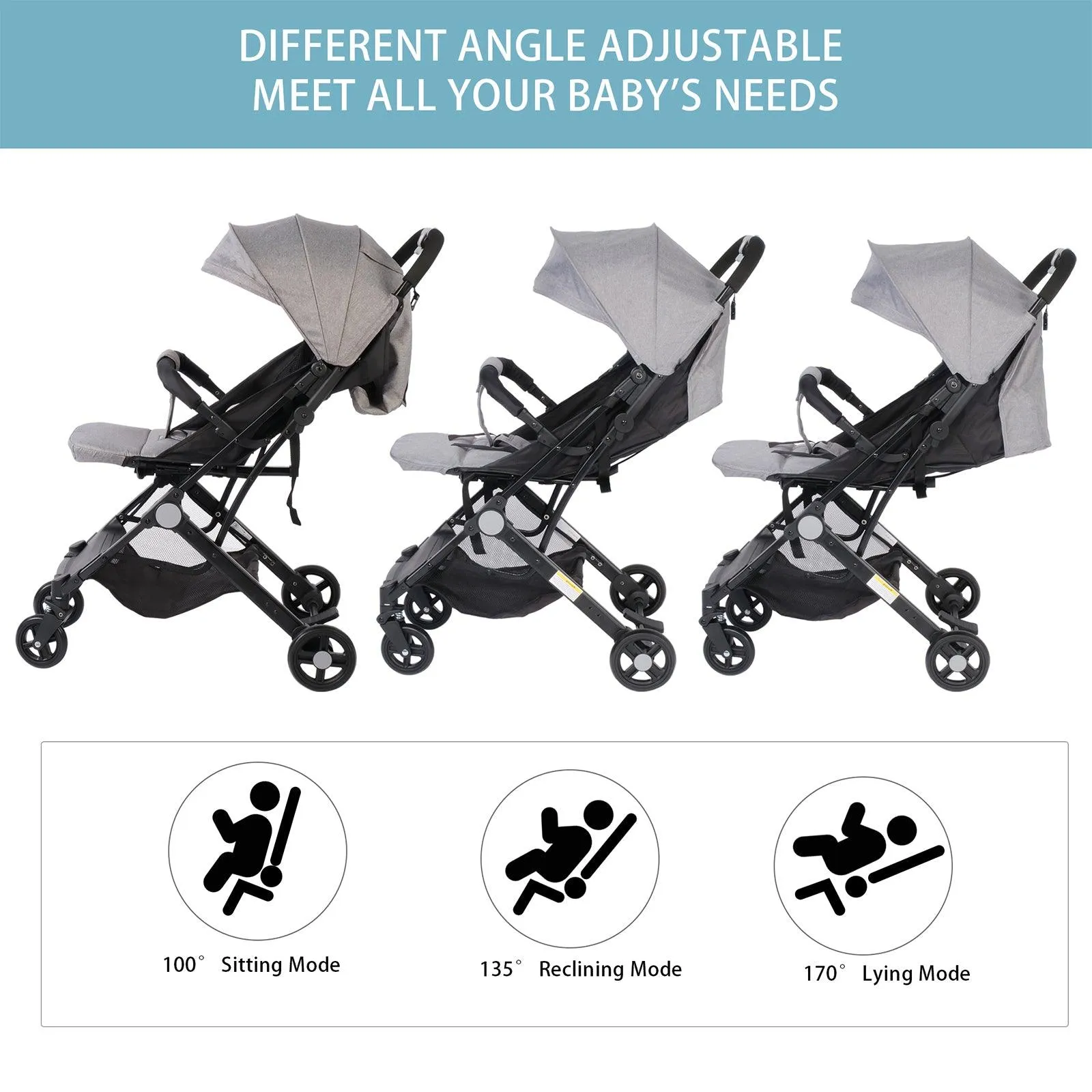 Lightweight Foldable Baby Stroller One-Hand Fold Pushchair with Adjustable Backrest, Gray