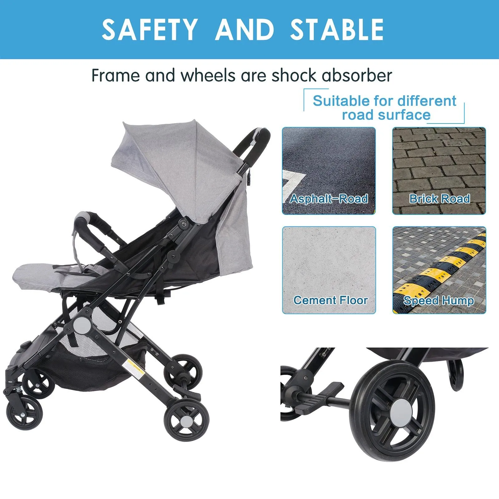 Lightweight Foldable Baby Stroller One-Hand Fold Pushchair with Adjustable Backrest, Gray