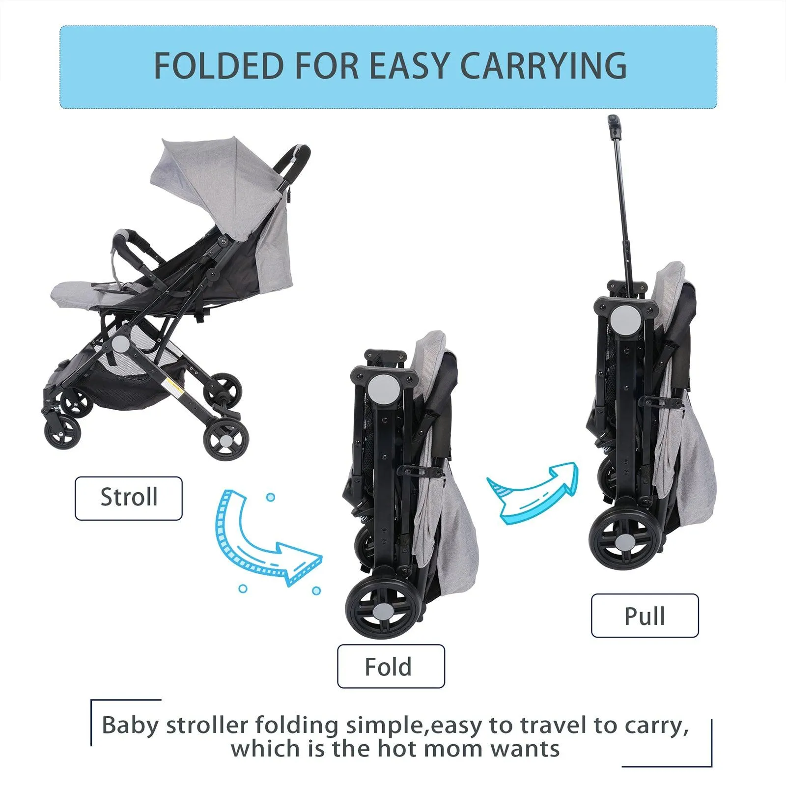 Lightweight Foldable Baby Stroller One-Hand Fold Pushchair with Adjustable Backrest, Gray