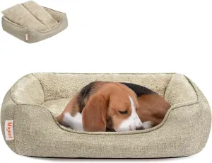 Miguel Faux Linen Dog Bed with Removable Cushion Pillow for Medium Small Dogs, Washable Pet Bed with Side Easy to Wash Puppy Bed, Rectangle Cat Bed for Indoor Cat with Anti-Slip Bottom, Beige 30 Inch