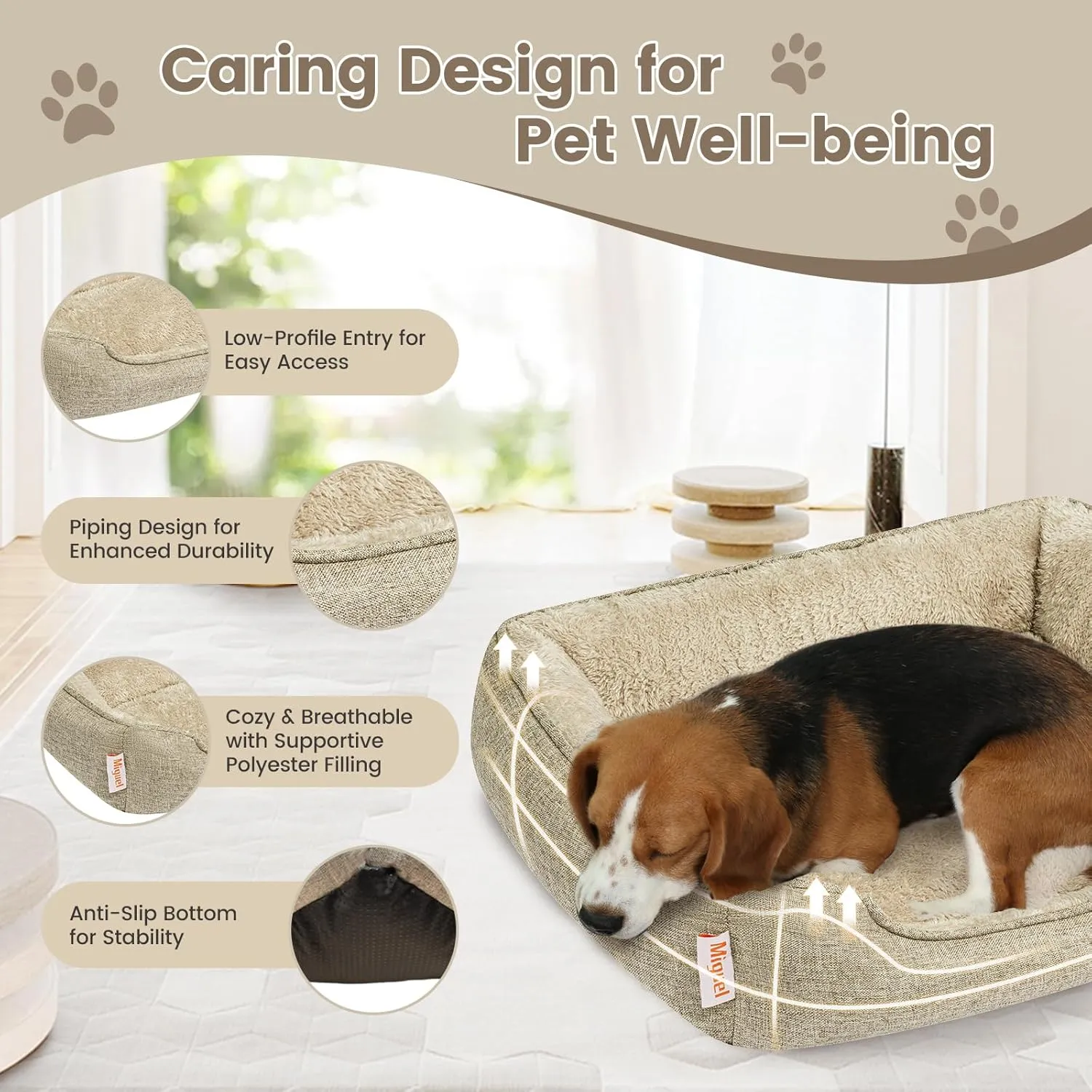 Miguel Faux Linen Dog Bed with Removable Cushion Pillow for Medium Small Dogs, Washable Pet Bed with Side Easy to Wash Puppy Bed, Rectangle Cat Bed for Indoor Cat with Anti-Slip Bottom, Beige 30 Inch