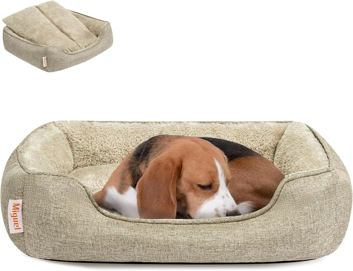 Miguel Faux Linen Dog Bed with Removable Cushion Pillow for Medium Small Dogs, Washable Pet Bed with Side Easy to Wash Puppy Bed, Rectangle Cat Bed for Indoor Cat with Anti-Slip Bottom, Beige 30 Inch