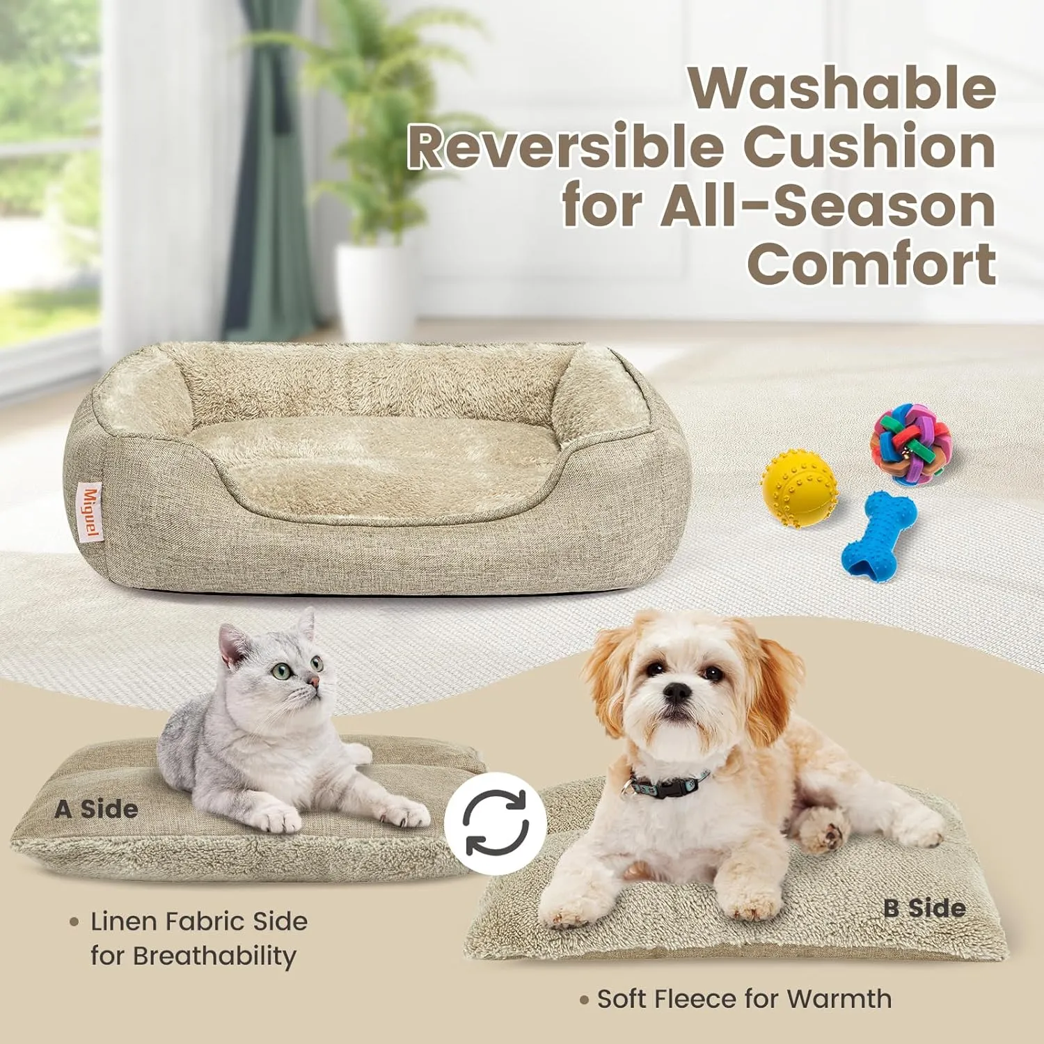 Miguel Faux Linen Dog Bed with Removable Cushion Pillow for Medium Small Dogs, Washable Pet Bed with Side Easy to Wash Puppy Bed, Rectangle Cat Bed for Indoor Cat with Anti-Slip Bottom, Beige 30 Inch